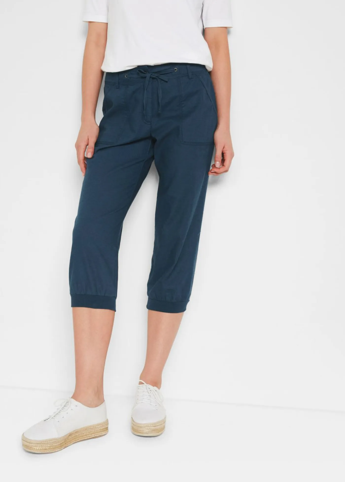 bonprix bonprix Pantalones>Pantalón 3/4 en mezcla de algodón y lino Azul marino