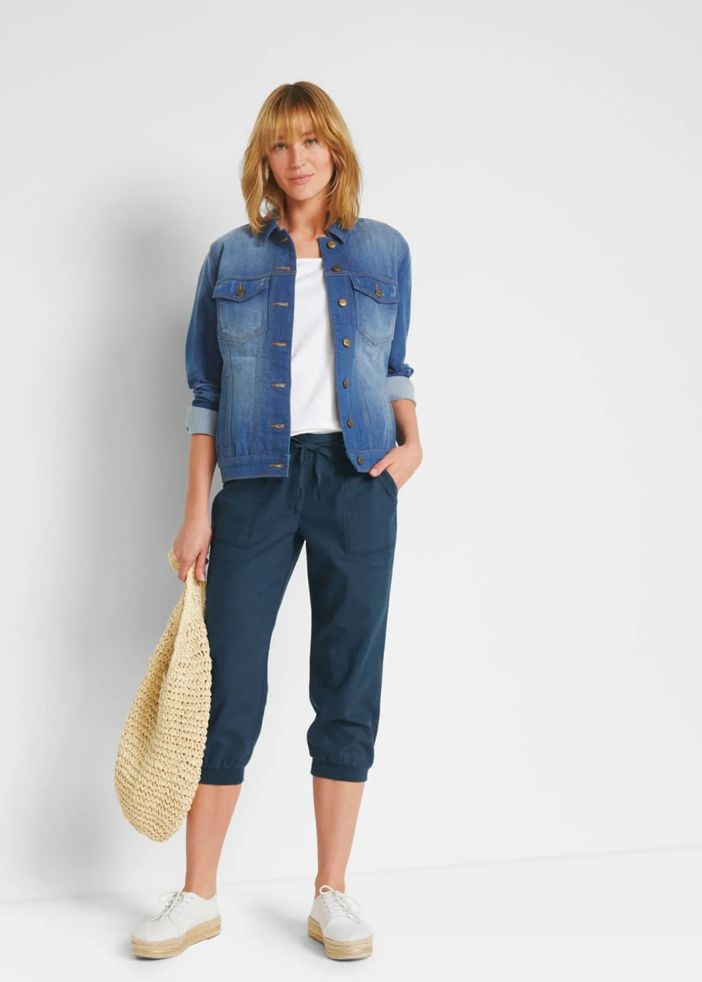 bonprix bonprix Pantalones>Pantalón 3/4 en mezcla de algodón y lino Azul marino