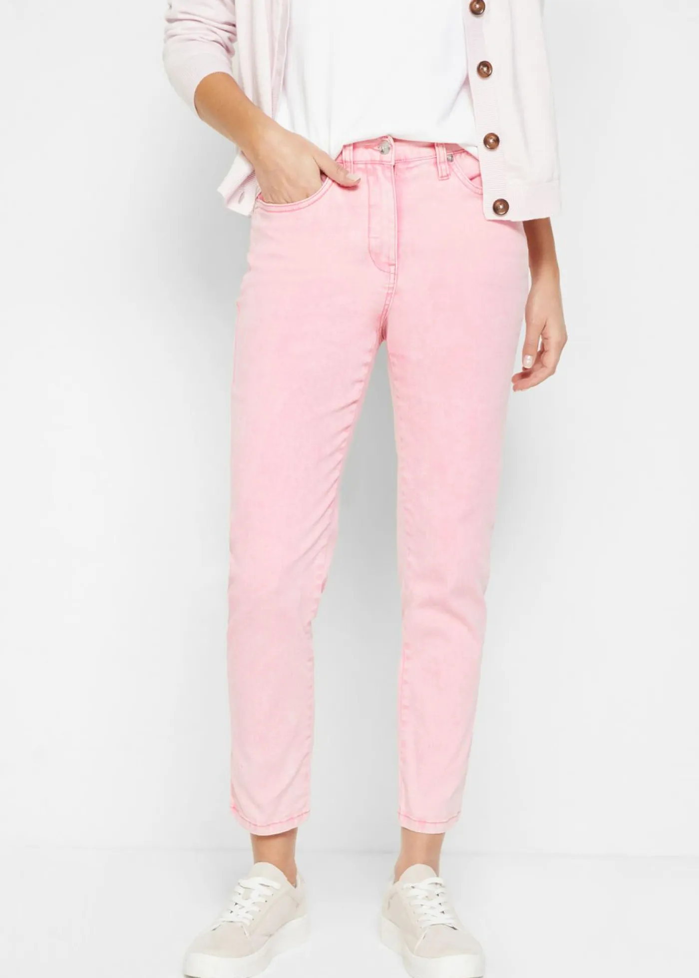 bonprix bonprix Pantalones>Pantalón acortado de sarga con aspecto desgastado Rosa brillante