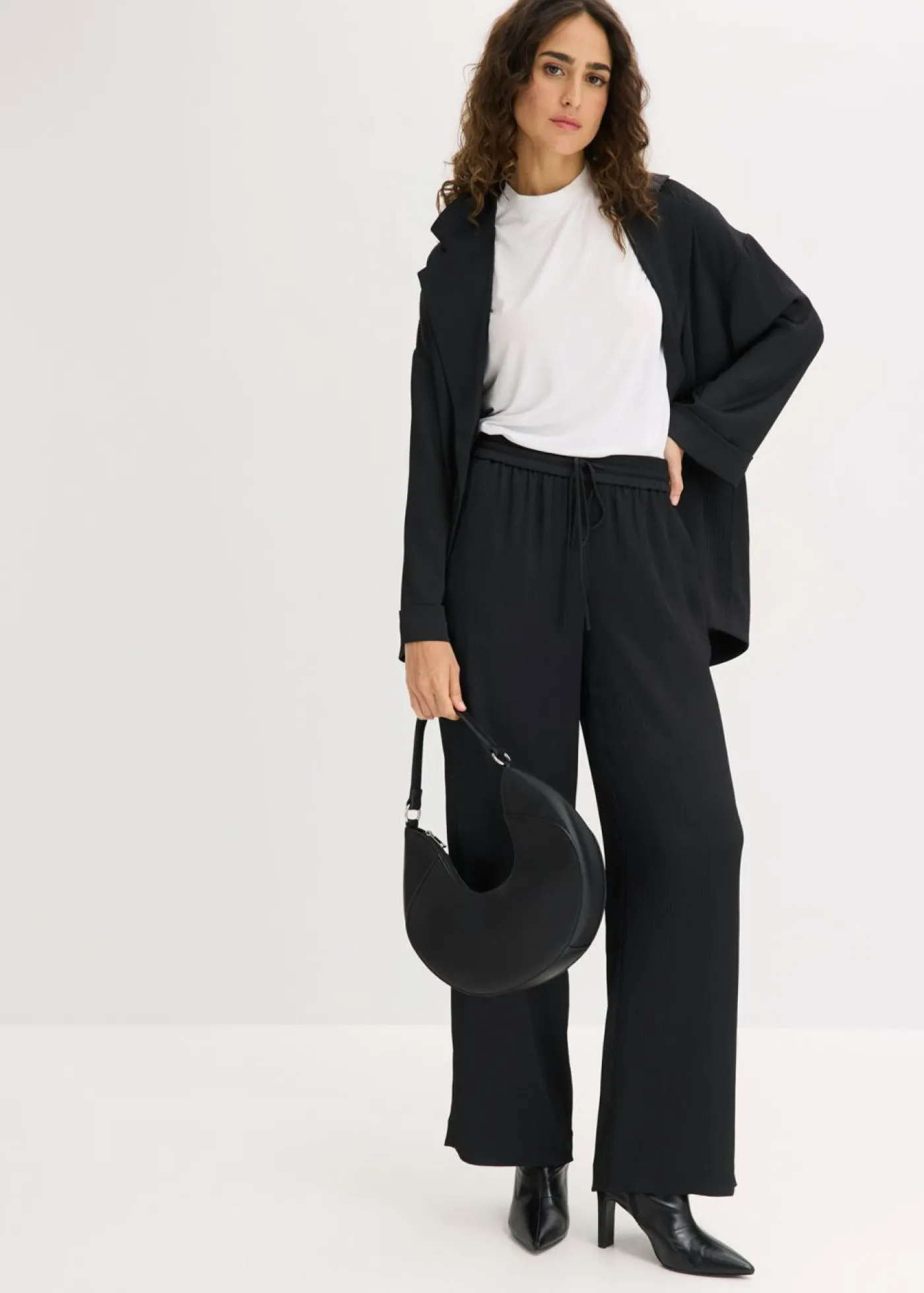 bonprix bonprix Pantalones>Pantalón ancho con cinturilla cómoda Negro