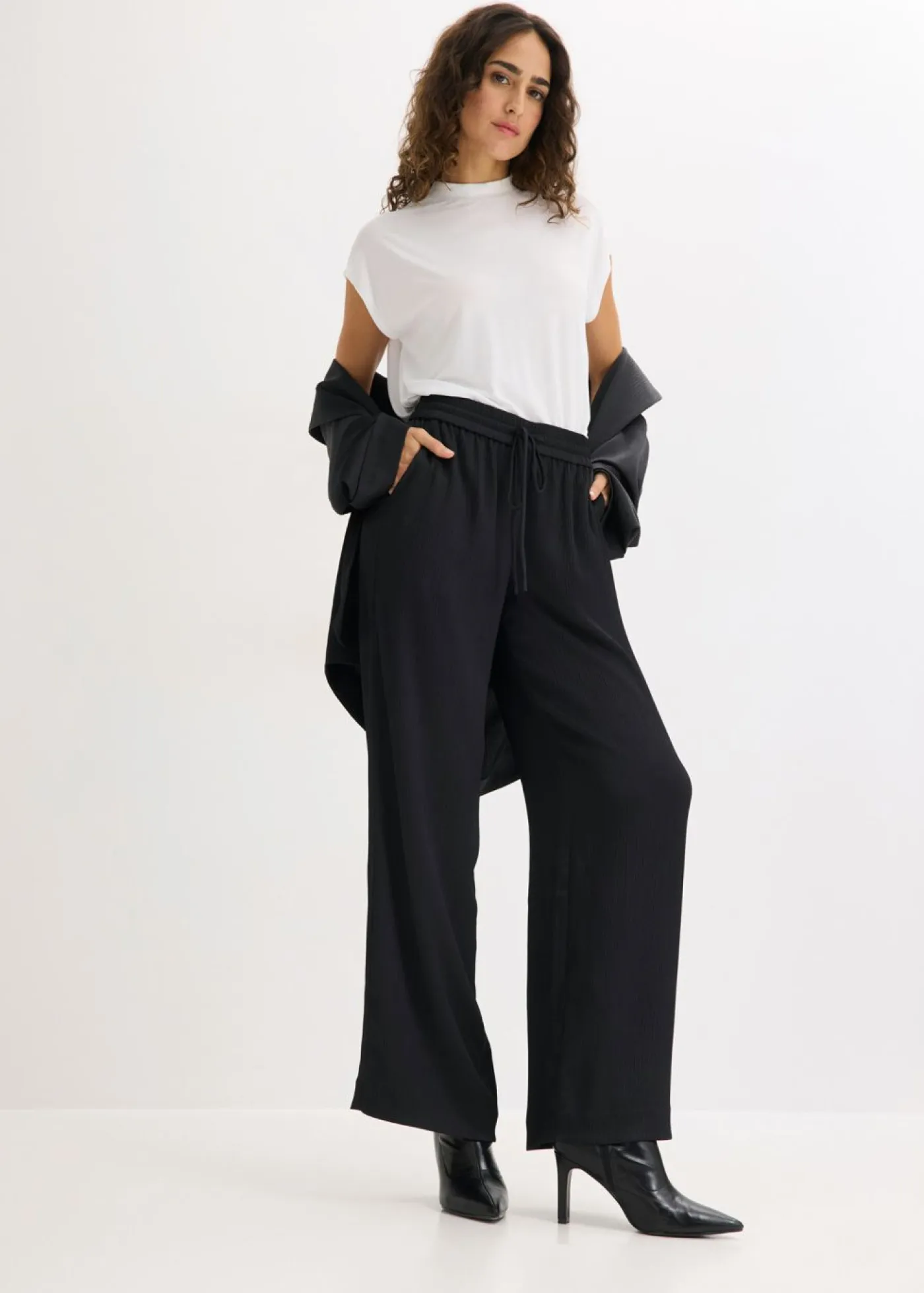 bonprix bonprix Pantalones>Pantalón ancho con cinturilla cómoda Negro