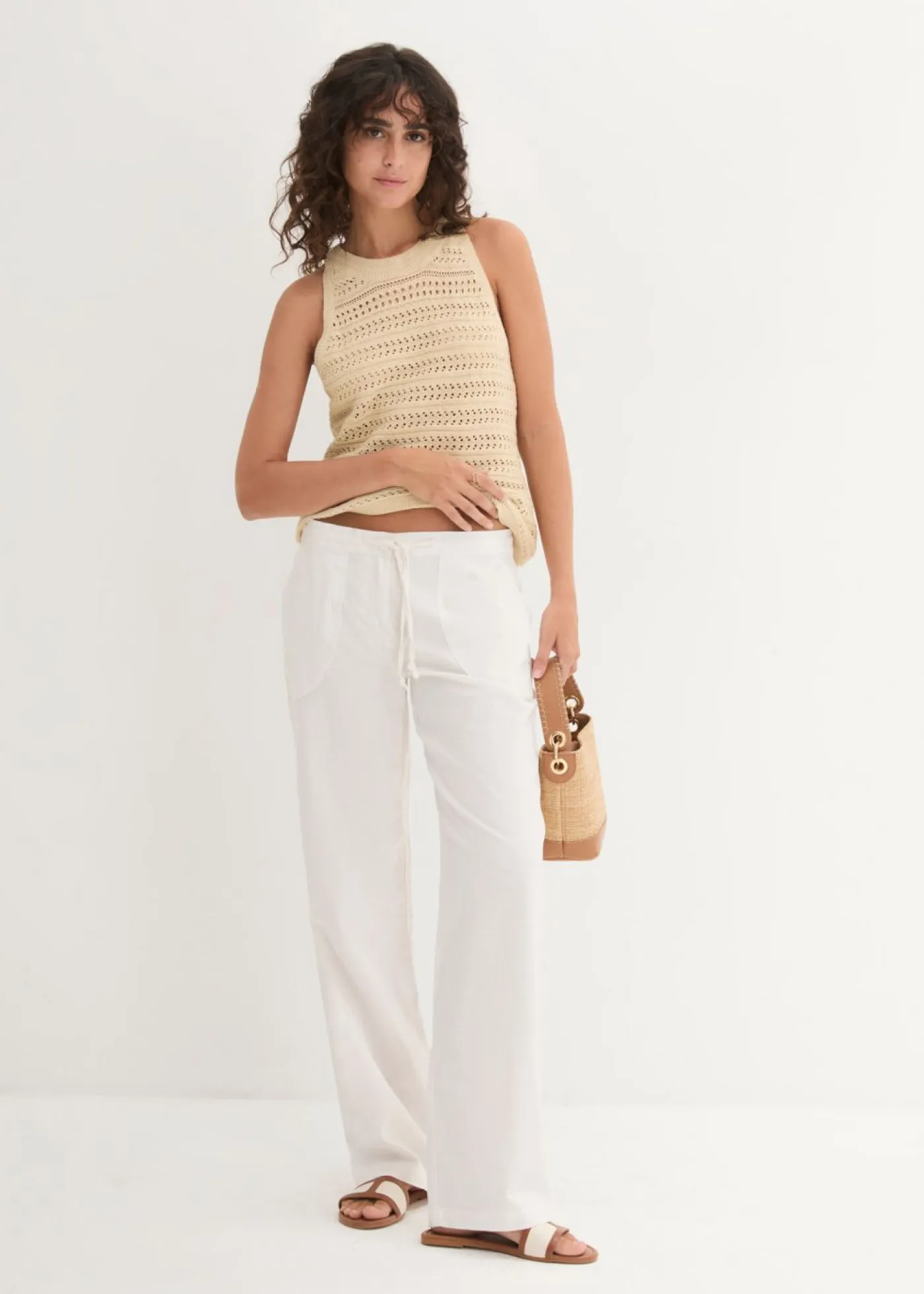 bonprix bonprix Pantalones|Tallas Pequeñas>Pantalón ancho con lino Blanco