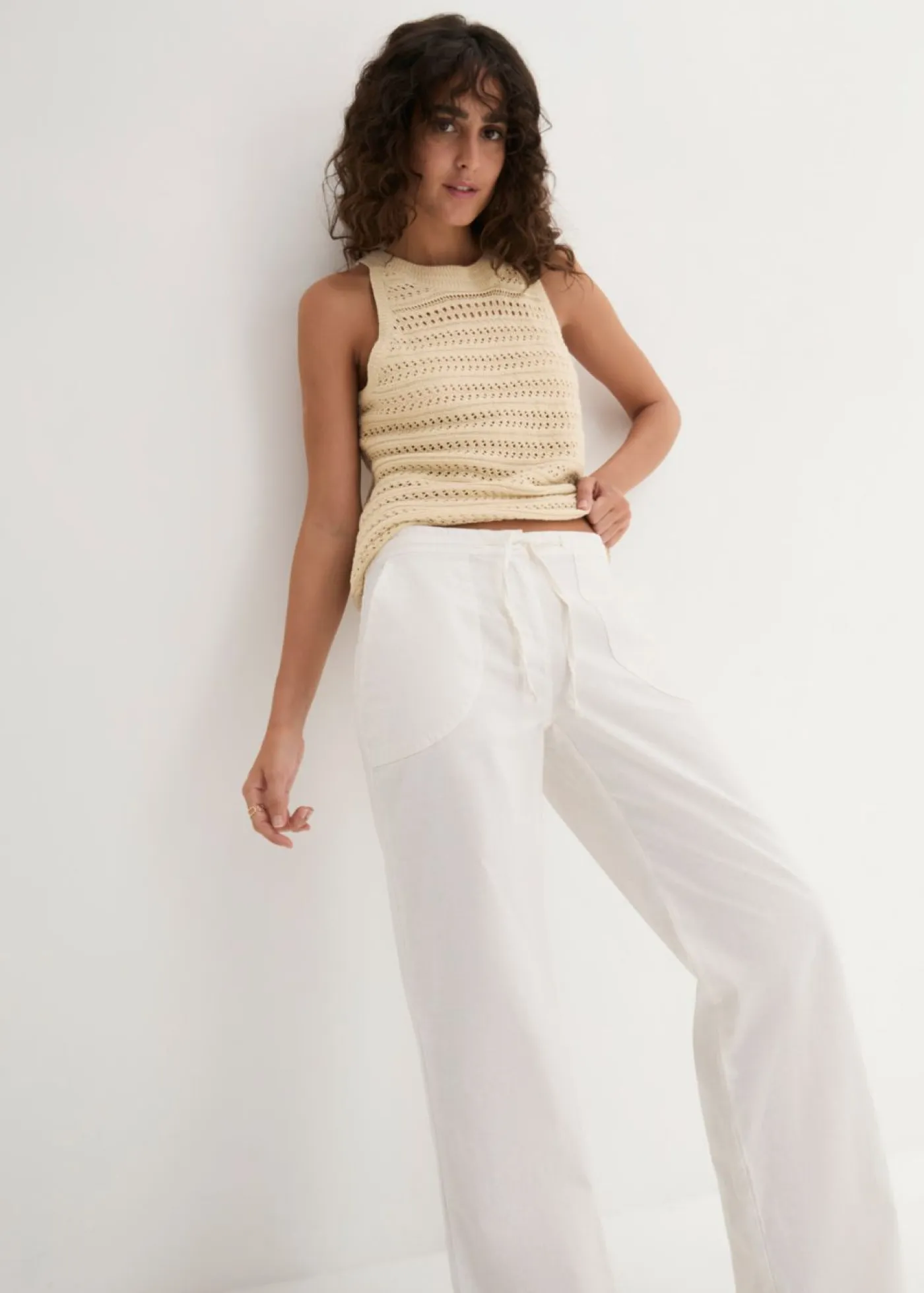 bonprix bonprix Pantalones|Tallas Pequeñas>Pantalón ancho con lino Blanco