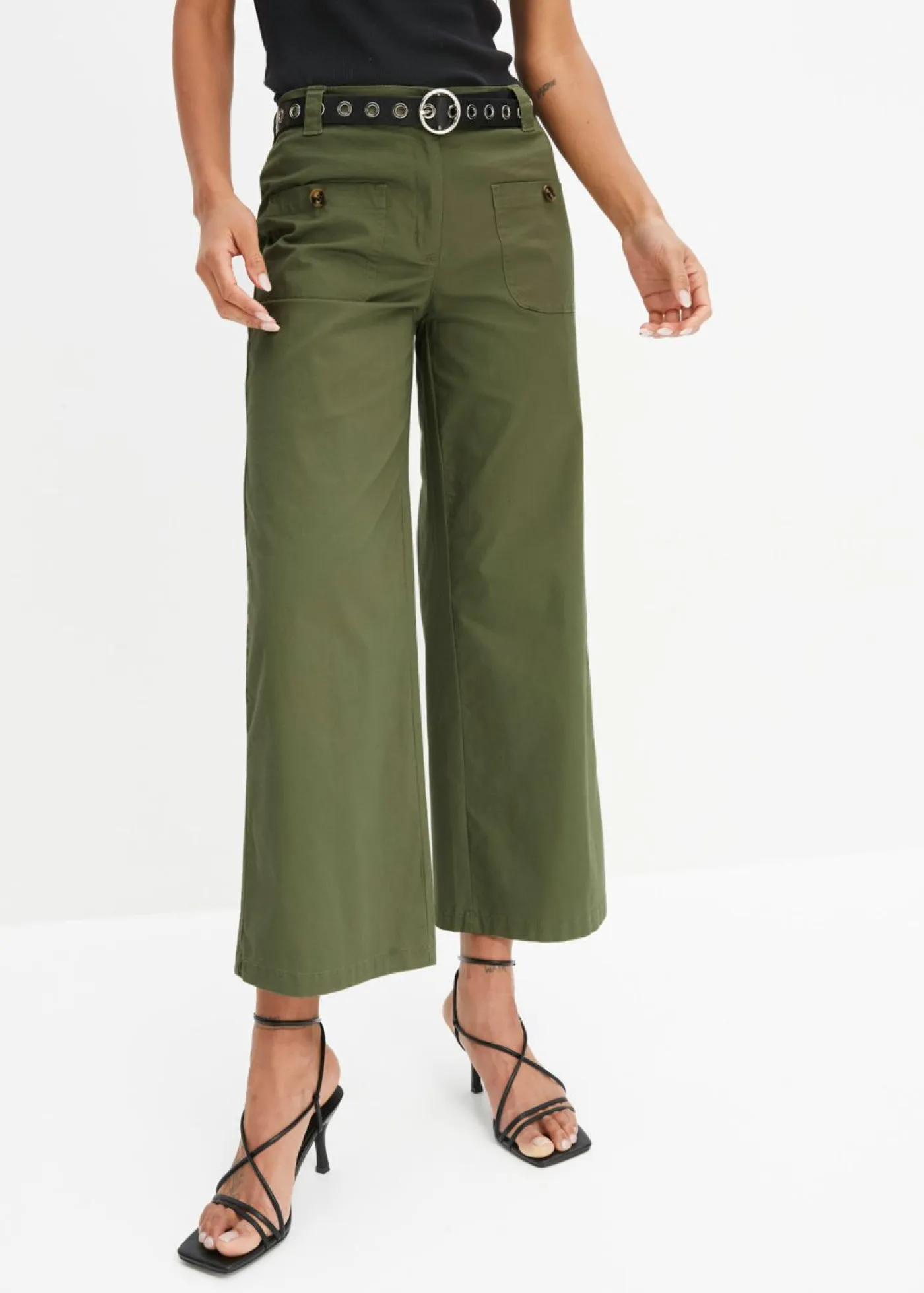 bonprix bonprix Pantalones>Pantalón ancho de cinturilla cómoda y talle alto Verde oliva