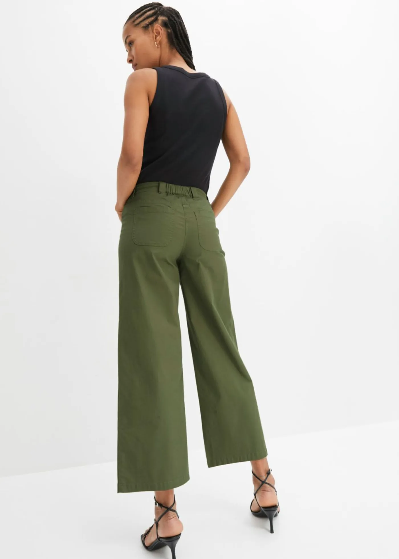 bonprix bonprix Pantalones>Pantalón ancho de cinturilla cómoda y talle alto Verde oliva