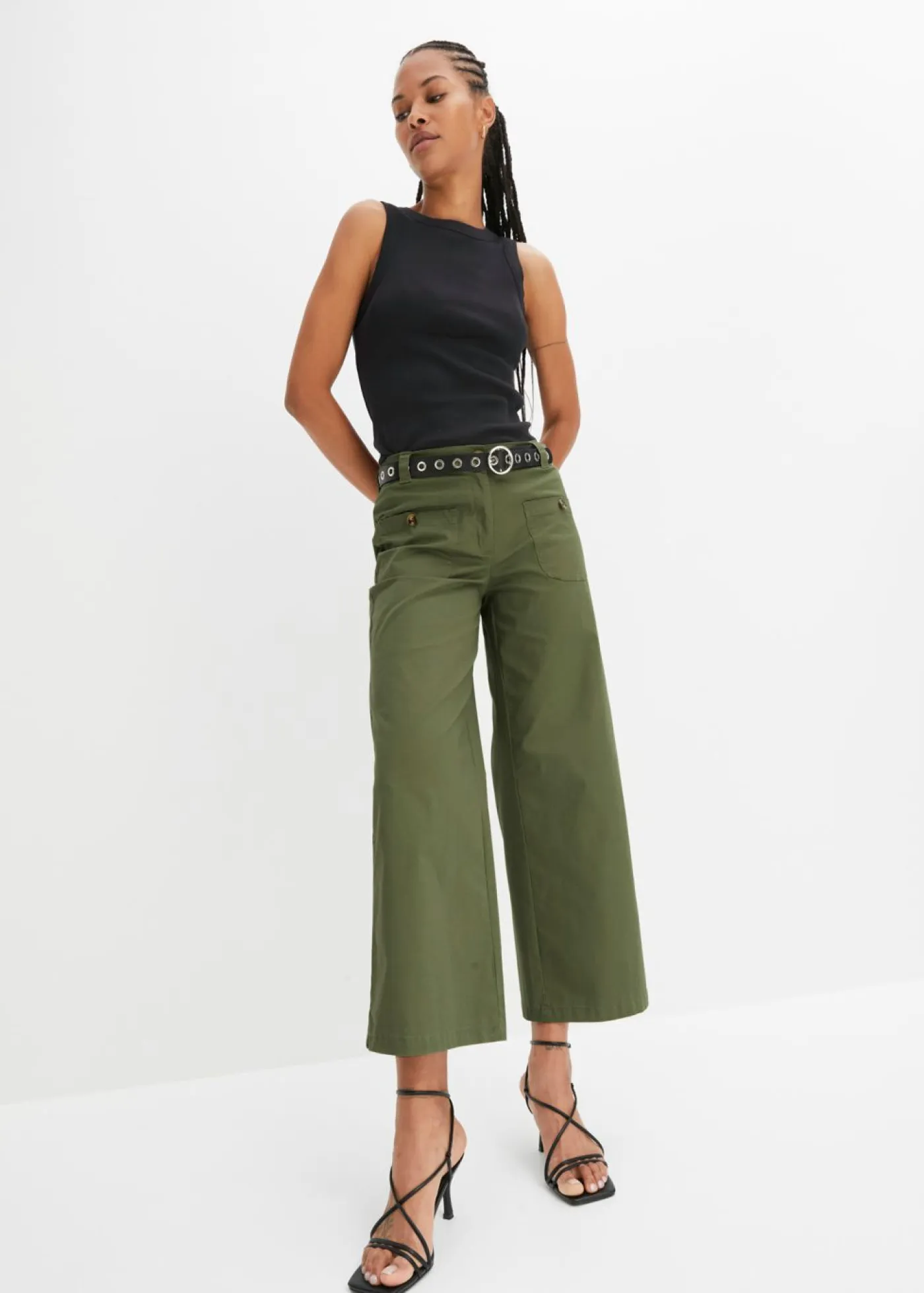 bonprix bonprix Pantalones>Pantalón ancho de cinturilla cómoda y talle alto Verde oliva