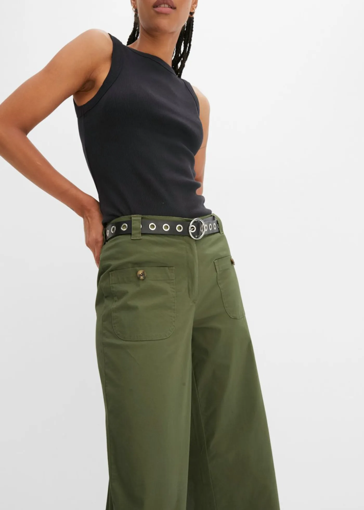 bonprix bonprix Pantalones>Pantalón ancho de cinturilla cómoda y talle alto Verde oliva