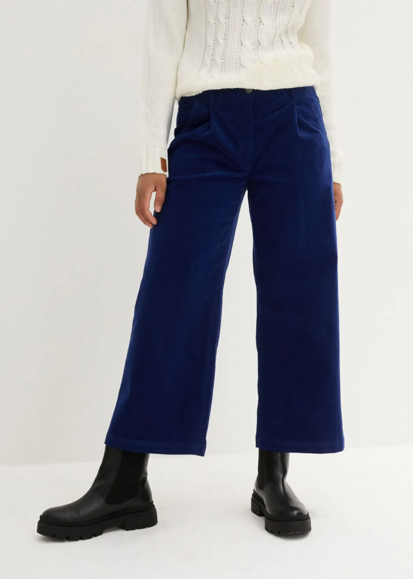 bonprix bonprix Pantalones>Pantalón ancho de pana elástica con cintura cómoda high waist, largo 7/8 Azul oxford