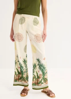bonprix bonprix Pantalones>Pantalón ancho de viscosa con estampado en el borde Blanco-crema