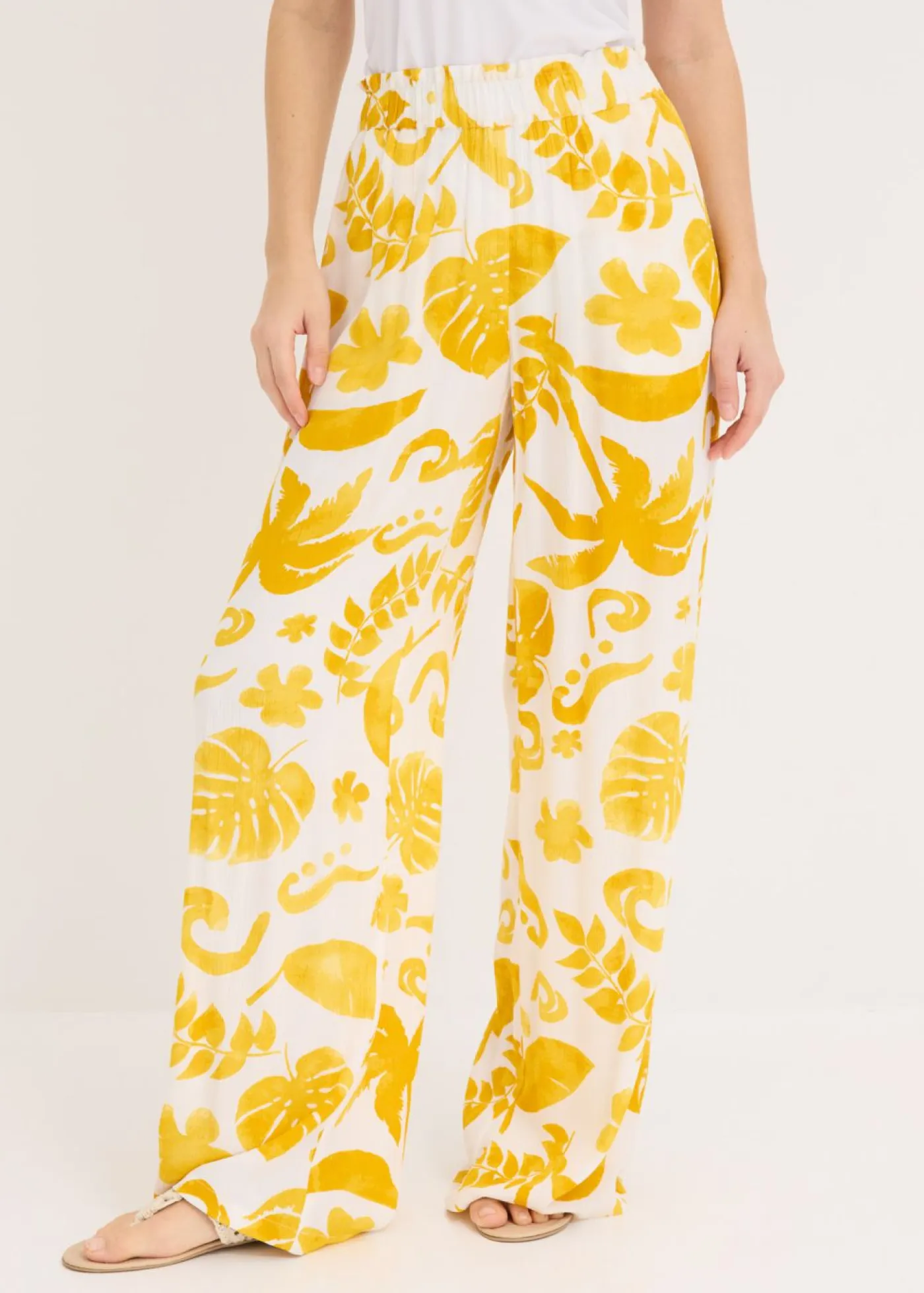 bonprix bonprix Pantalones>Pantalón ancho estampado de viscosa estructurada blanco-curry limón