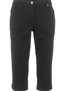 bonprix bonprix Pantalones>Pantalón capri de algodón con cintura cómoda y aberturas laterales Negro