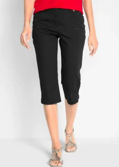 bonprix bonprix Pantalones>Pantalón capri de algodón con cintura cómoda y aberturas laterales Negro