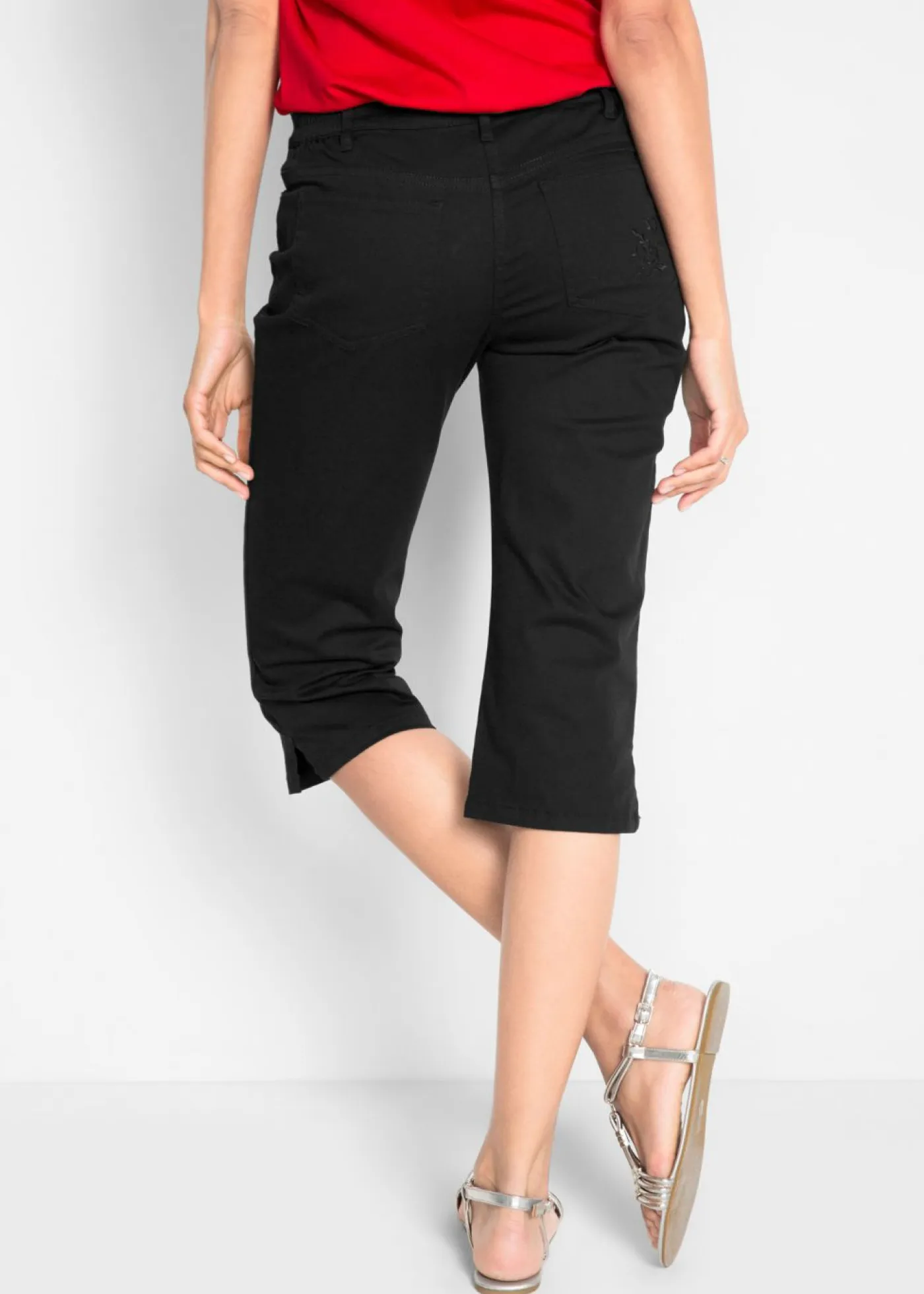 bonprix bonprix Pantalones>Pantalón capri de algodón con cintura cómoda y aberturas laterales Negro