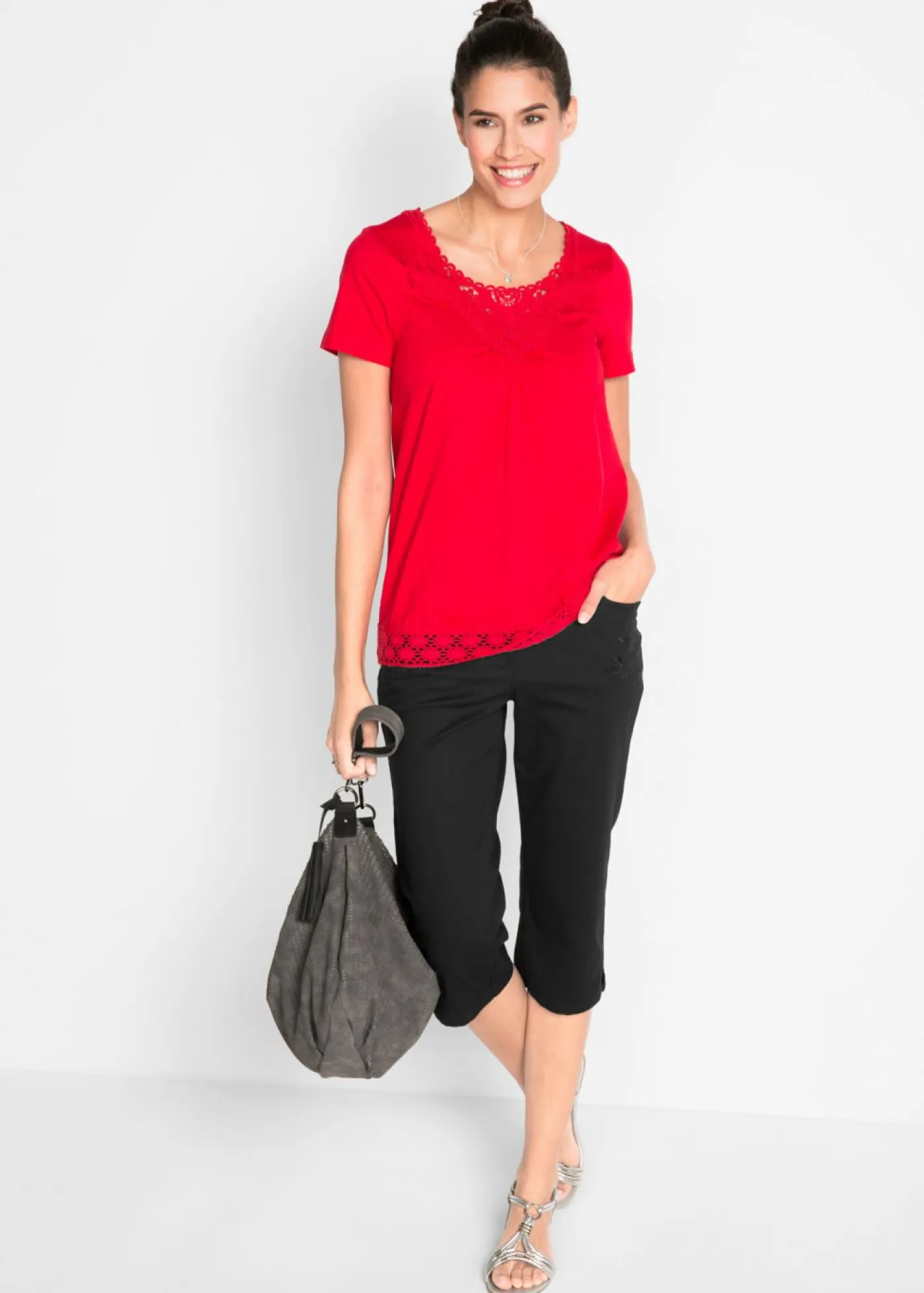 bonprix bonprix Pantalones>Pantalón capri de algodón con cintura cómoda y aberturas laterales Negro