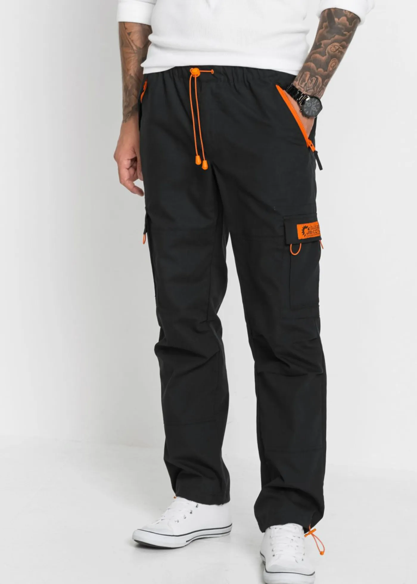 bonprix bonprix Pantalones>Pantalón cargo, sin cierre, relaxed fit, straight Negro/naranja