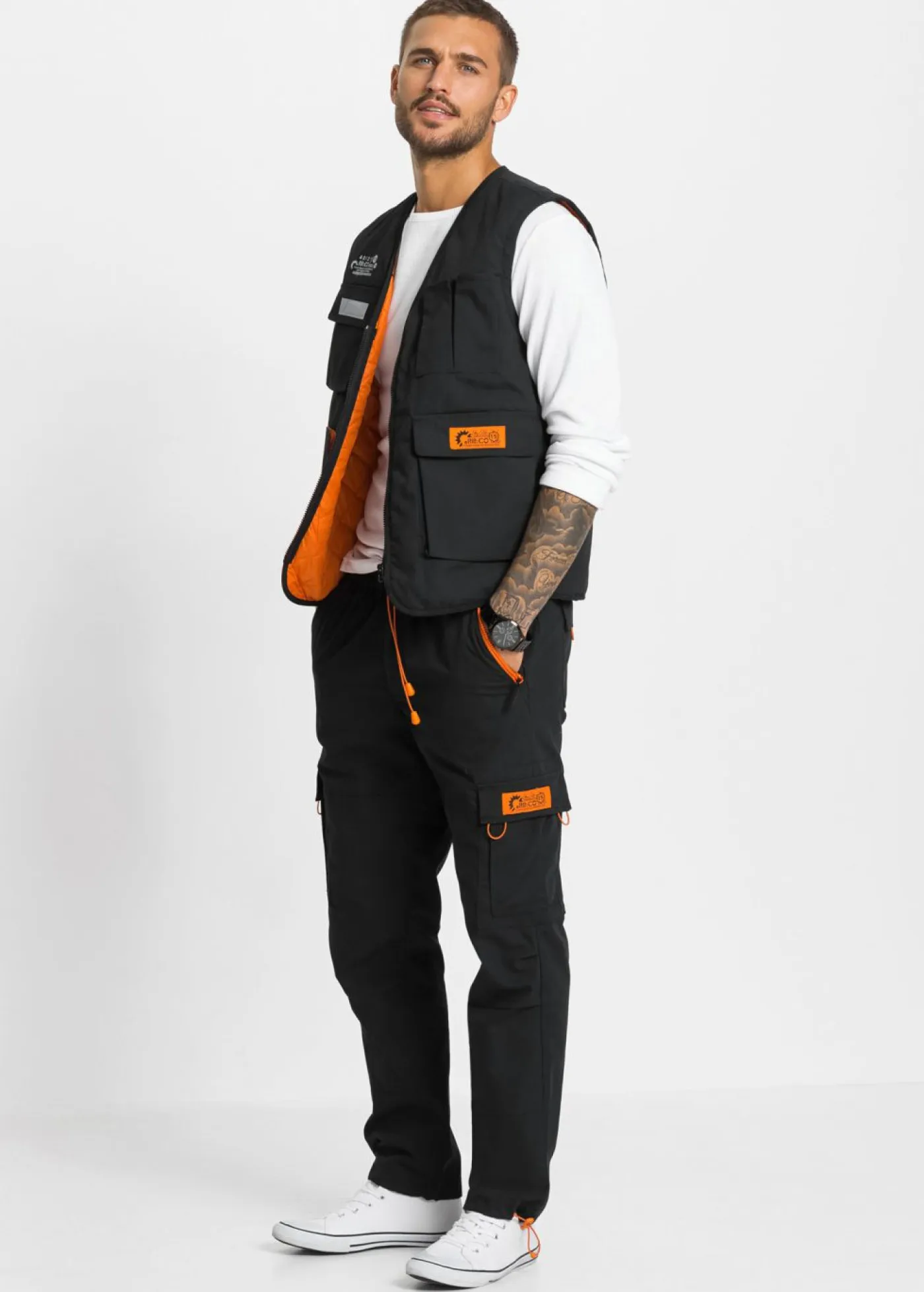 bonprix bonprix Pantalones>Pantalón cargo, sin cierre, relaxed fit, straight Negro/naranja