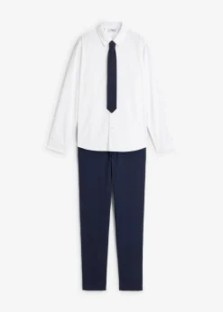 bonprix bonprix Ropa 9 A 16 Años·Pantalones|Ropa 9 A 16 Años·Conjuntos Y Camisas>Pantalón chino, camisa de manga larga y corbata (conjunto de 3 piezas) Azul marino-blanco
