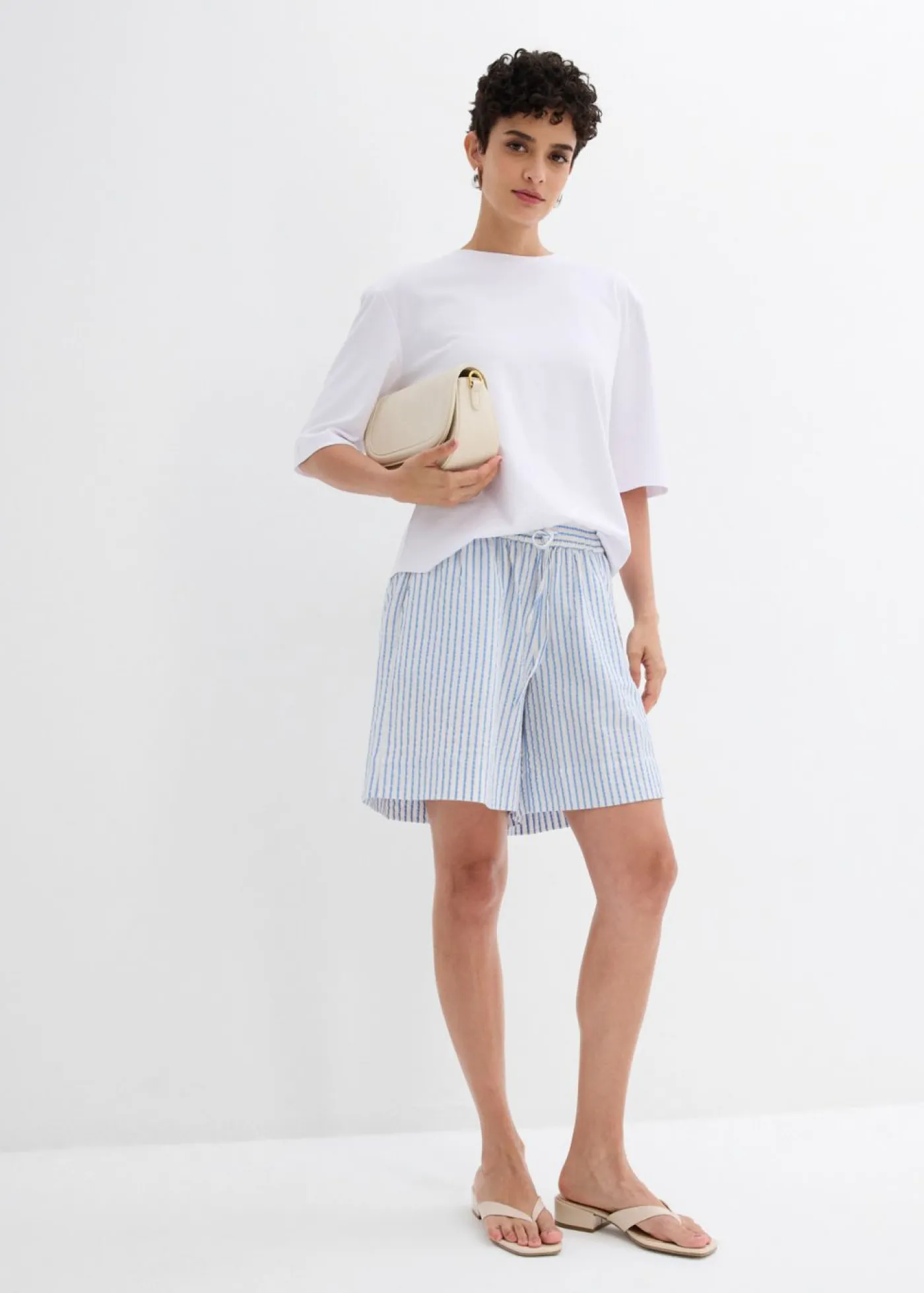 bonprix bonprix Esenciales|Shorts>Pantalón corto de algodón puro azul provenzal-blanco lana rayas verticales