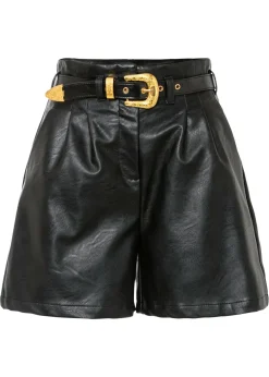bonprix bonprix Shorts|Pantalones>Pantalón corto de piel sintética con cinturón Negro