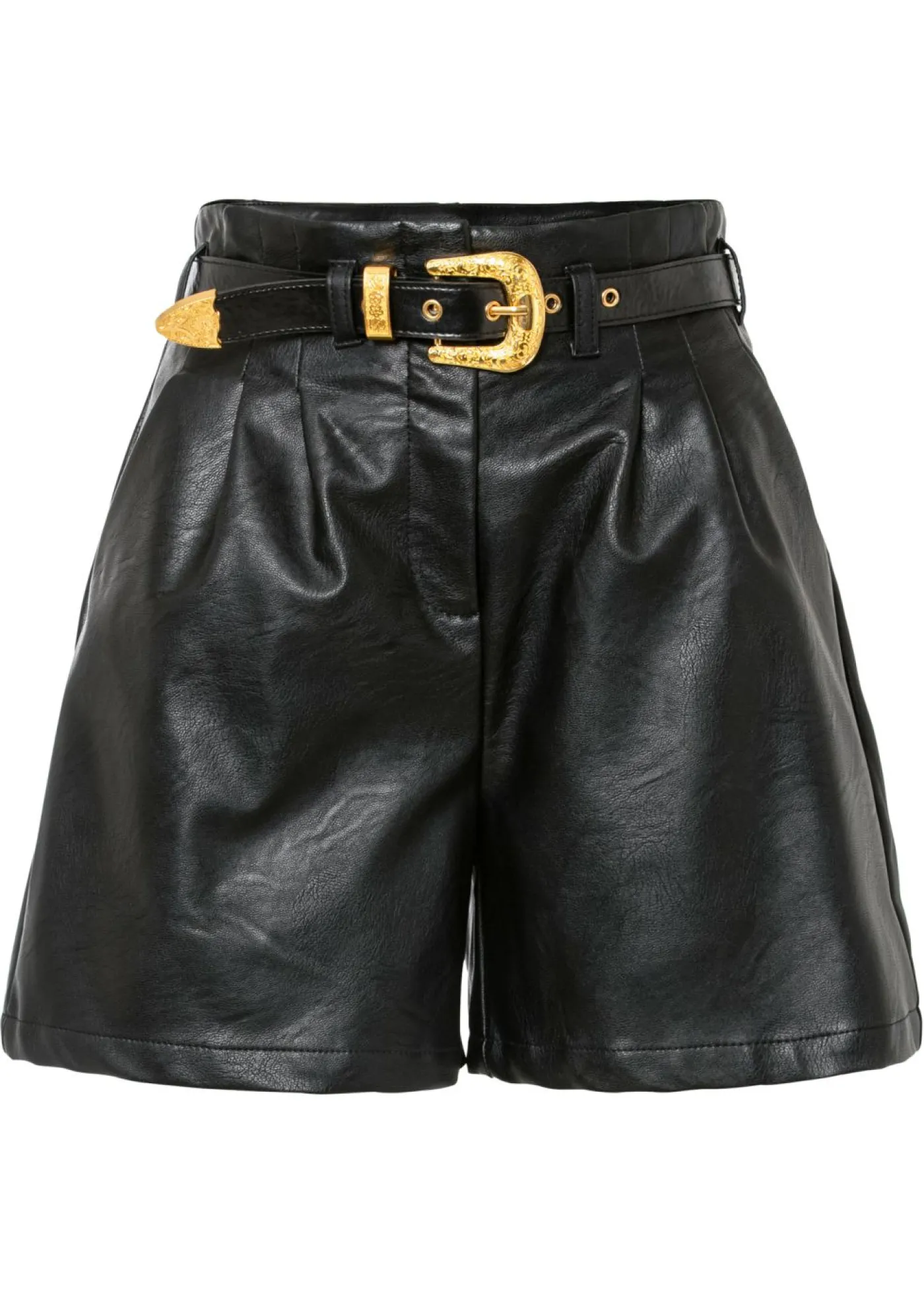bonprix bonprix Shorts|Pantalones>Pantalón corto de piel sintética con cinturón Negro