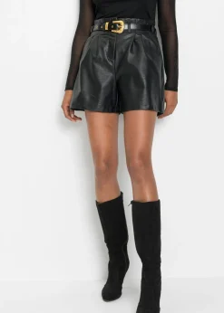 bonprix bonprix Shorts|Pantalones>Pantalón corto de piel sintética con cinturón Negro