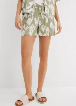 bonprix bonprix Shorts|Pantalones>Pantalón corto de viscosa con cinturilla cómoda verde alga-blanco lana