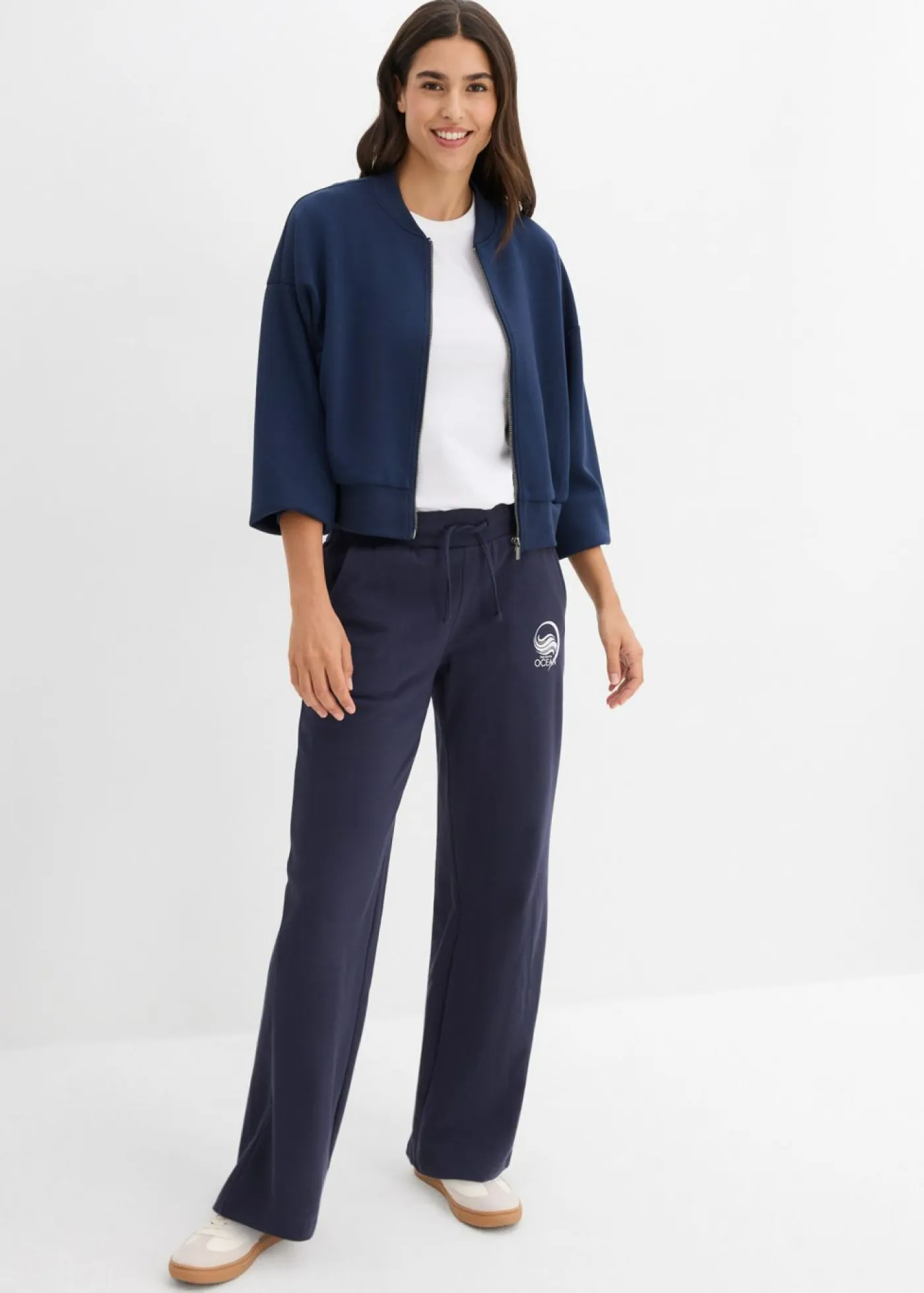 bonprix bonprix Ropa Deportiva|Ropa Cómoda>Pantalón de chándal de algodón puro Azul marino-blanco