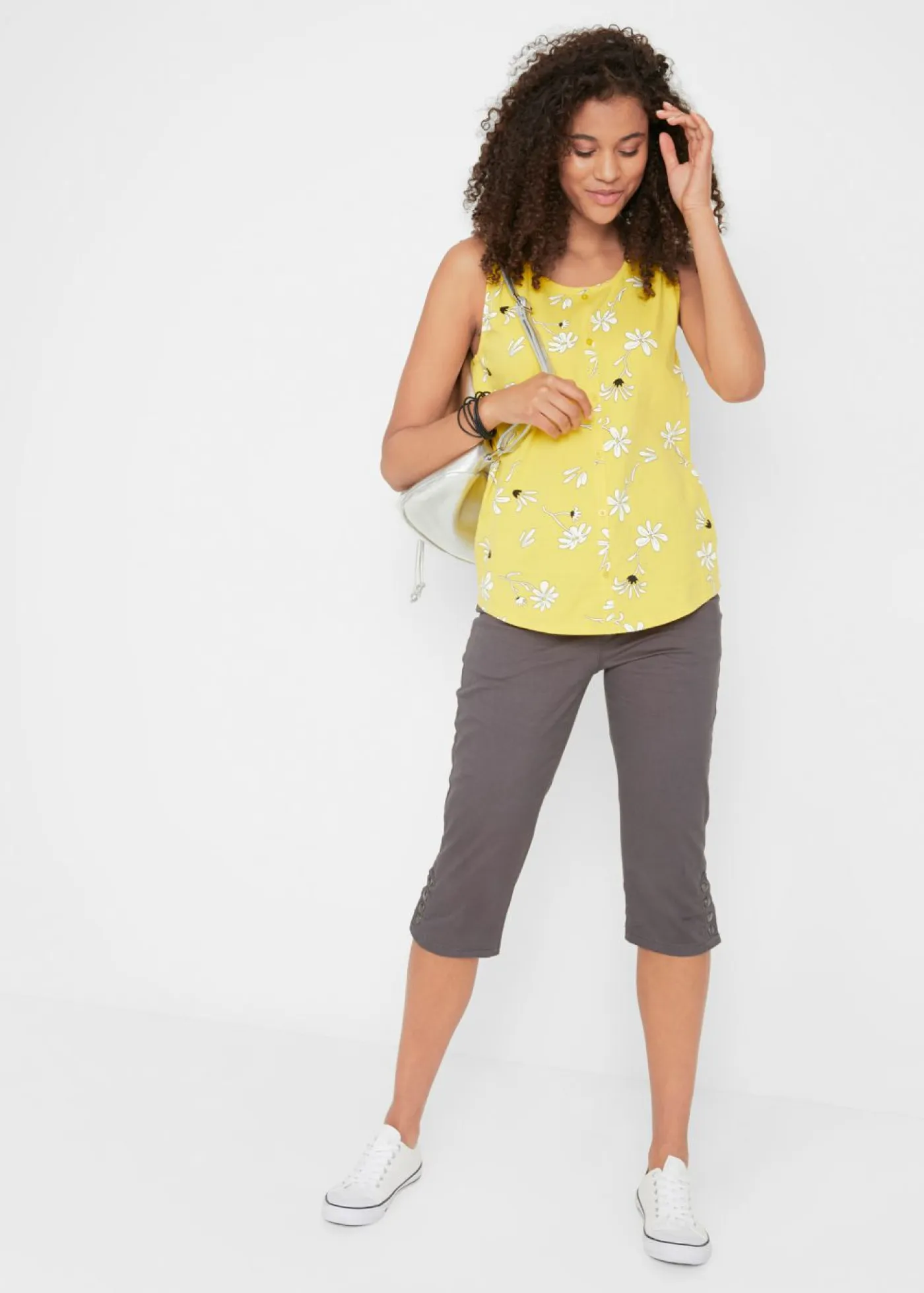 bonprix bonprix Pantalones>Pantalón de corte capri con cintura elástica y botones Gris apizarrado