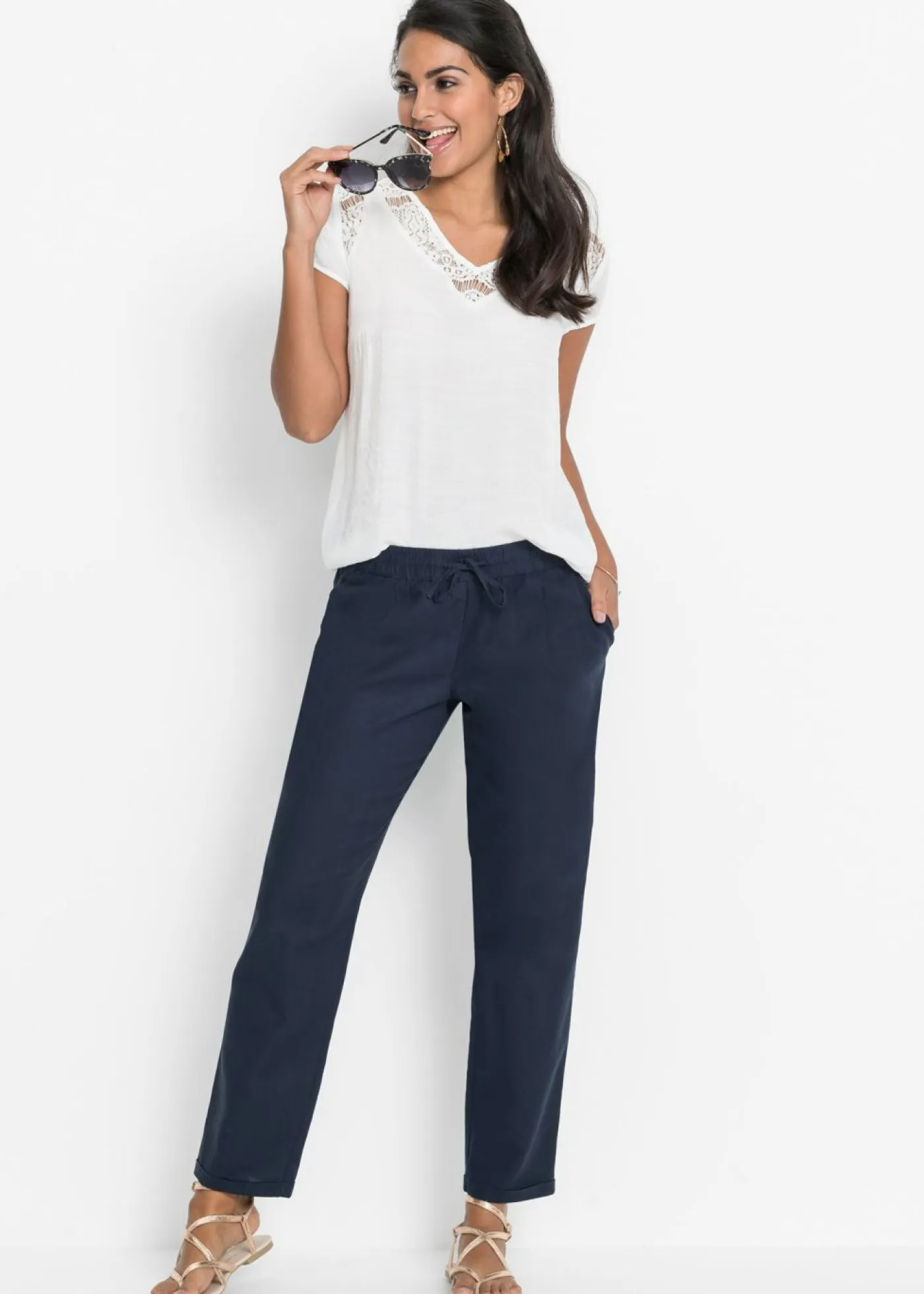 bonprix bonprix Pantalones>Pantalón de lino con cintura elástica Azul marino