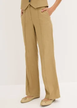 bonprix bonprix Pantalones>Pantalón de lino con talle alto y pinzas Marrón caqui