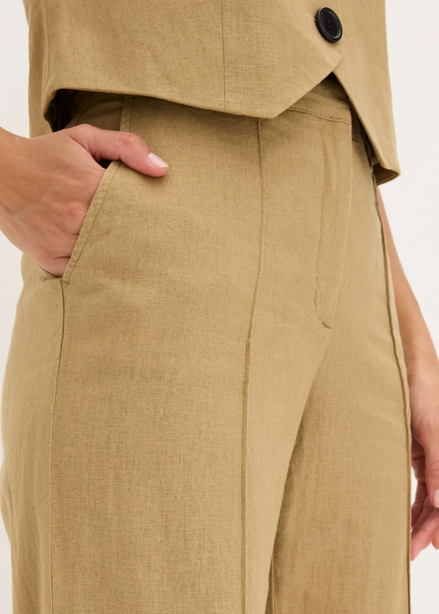 bonprix bonprix Pantalones>Pantalón de lino con talle alto y pinzas Marrón caqui