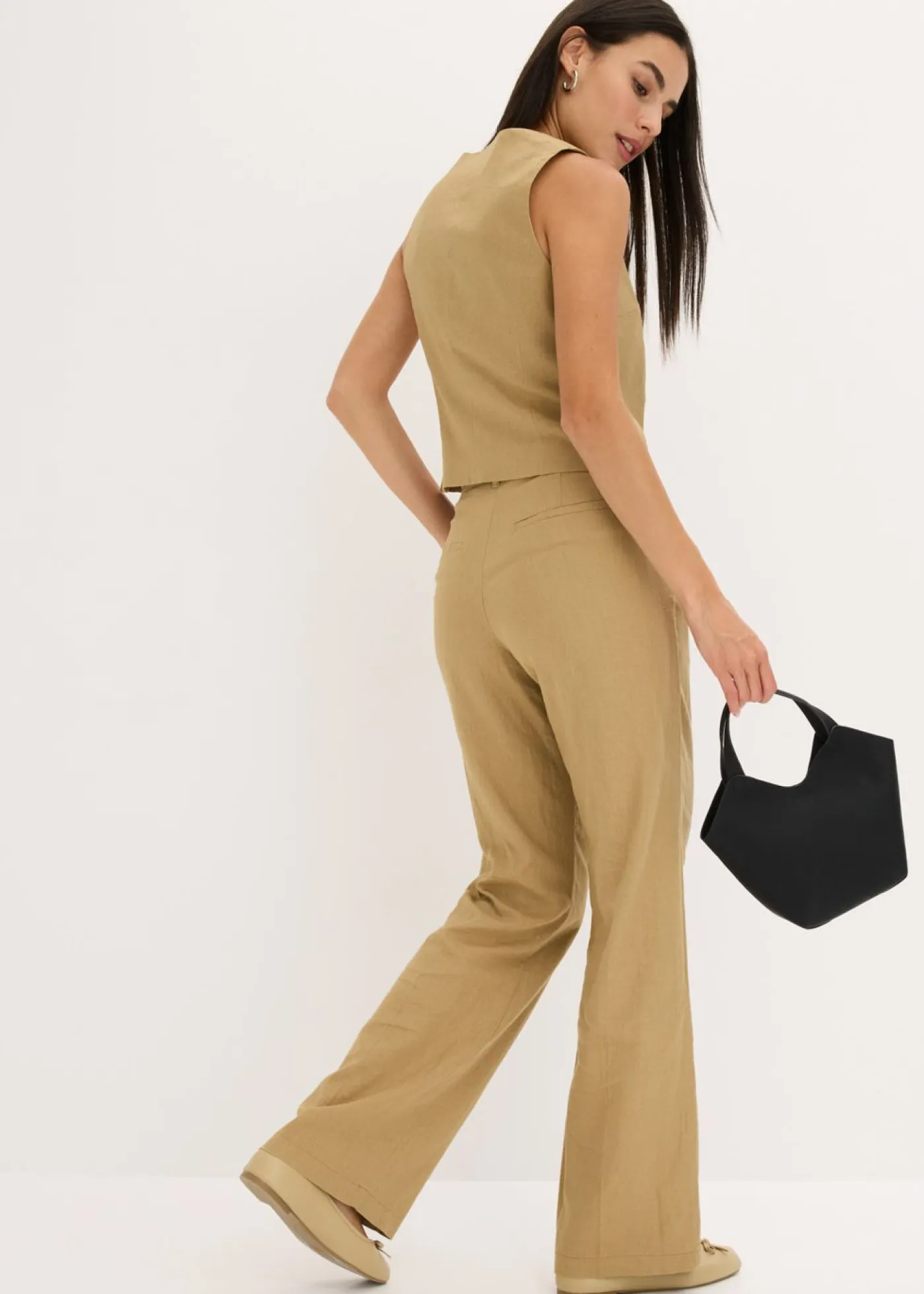 bonprix bonprix Pantalones>Pantalón de lino con talle alto y pinzas Marrón caqui