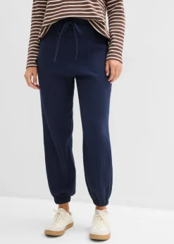 bonprix bonprix Pantalones|Novedades>Pantalón de muselina con cintura de nido de abeja Azul marino