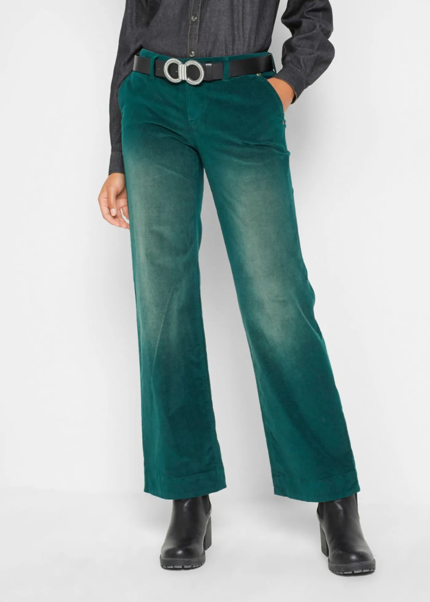bonprix bonprix Pantalones>Pantalón de pana elástico de corte ancho Verde intenso desgastado