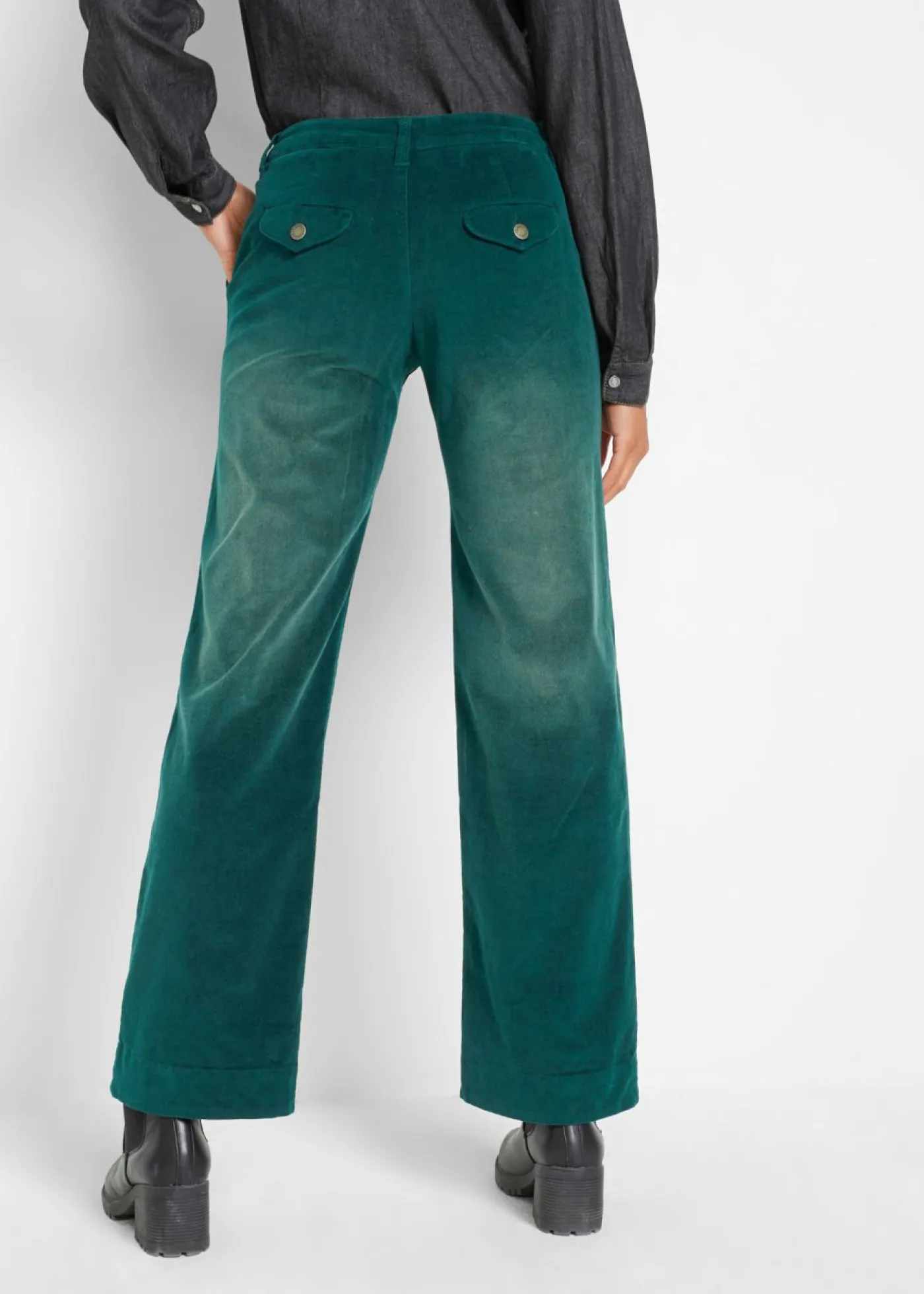 bonprix bonprix Pantalones>Pantalón de pana elástico de corte ancho Verde intenso desgastado