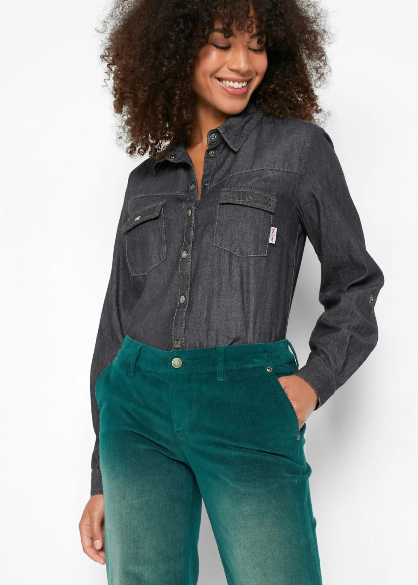 bonprix bonprix Pantalones>Pantalón de pana elástico de corte ancho Verde intenso desgastado