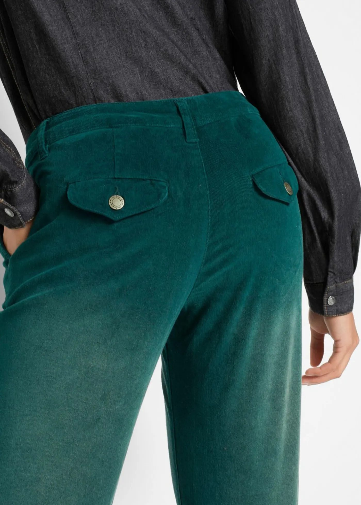 bonprix bonprix Pantalones>Pantalón de pana elástico de corte ancho Verde intenso desgastado