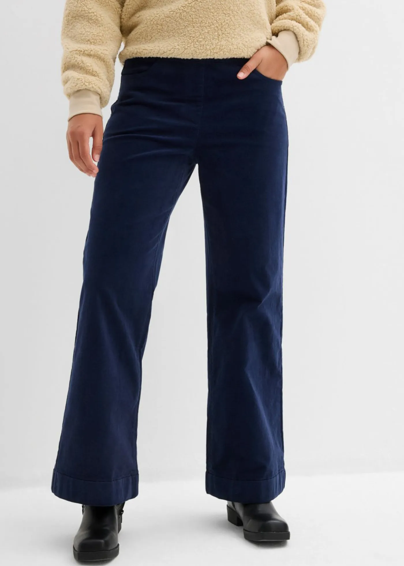 bonprix bonprix Pantalones>Pantalón de pana elástico y ancho, high waist Azul marino