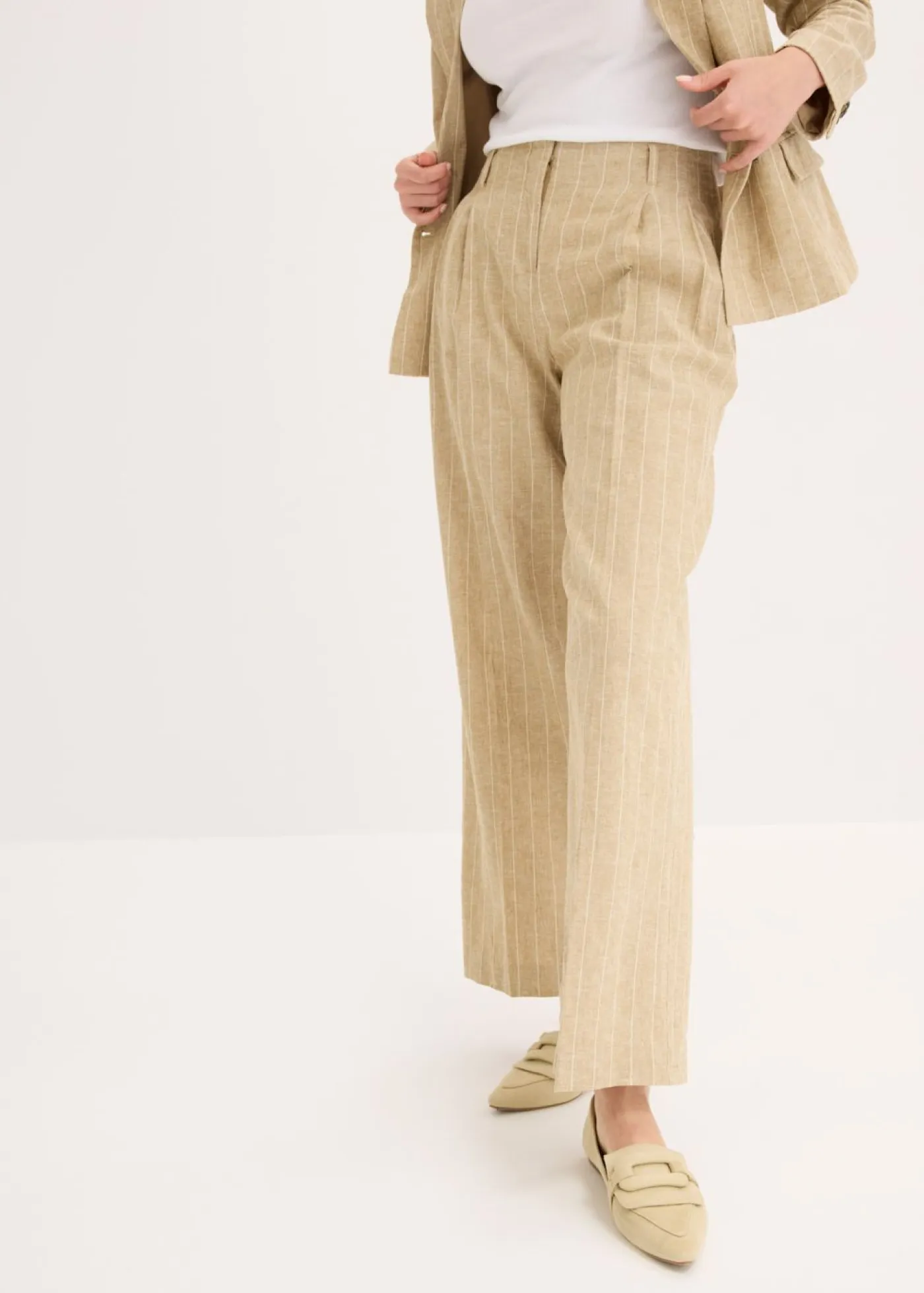 bonprix bonprix Pantalones>Pantalón de pinzas con contenido de lino oliva pálido-crudo con rayas