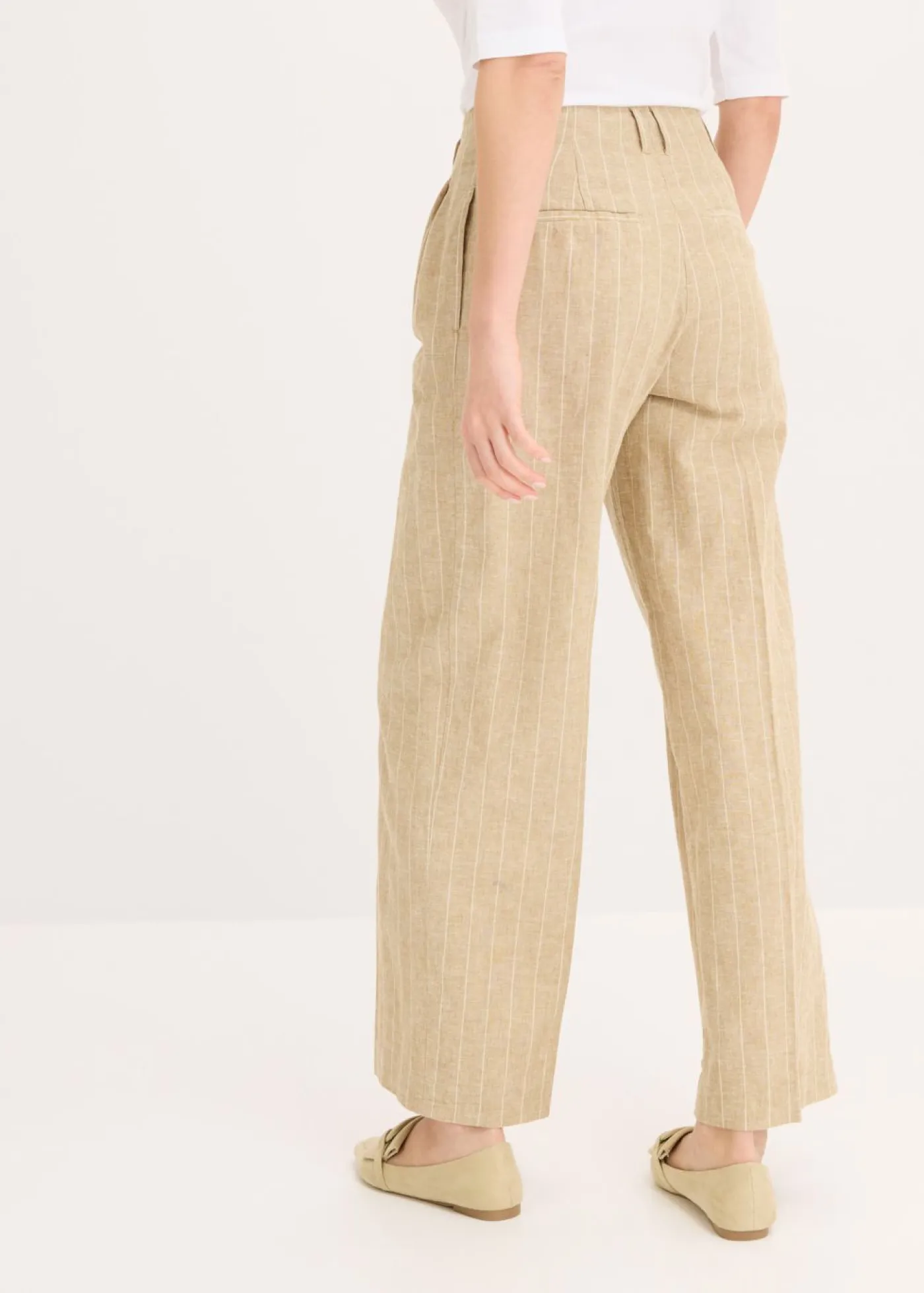 bonprix bonprix Pantalones>Pantalón de pinzas con contenido de lino oliva pálido-crudo con rayas