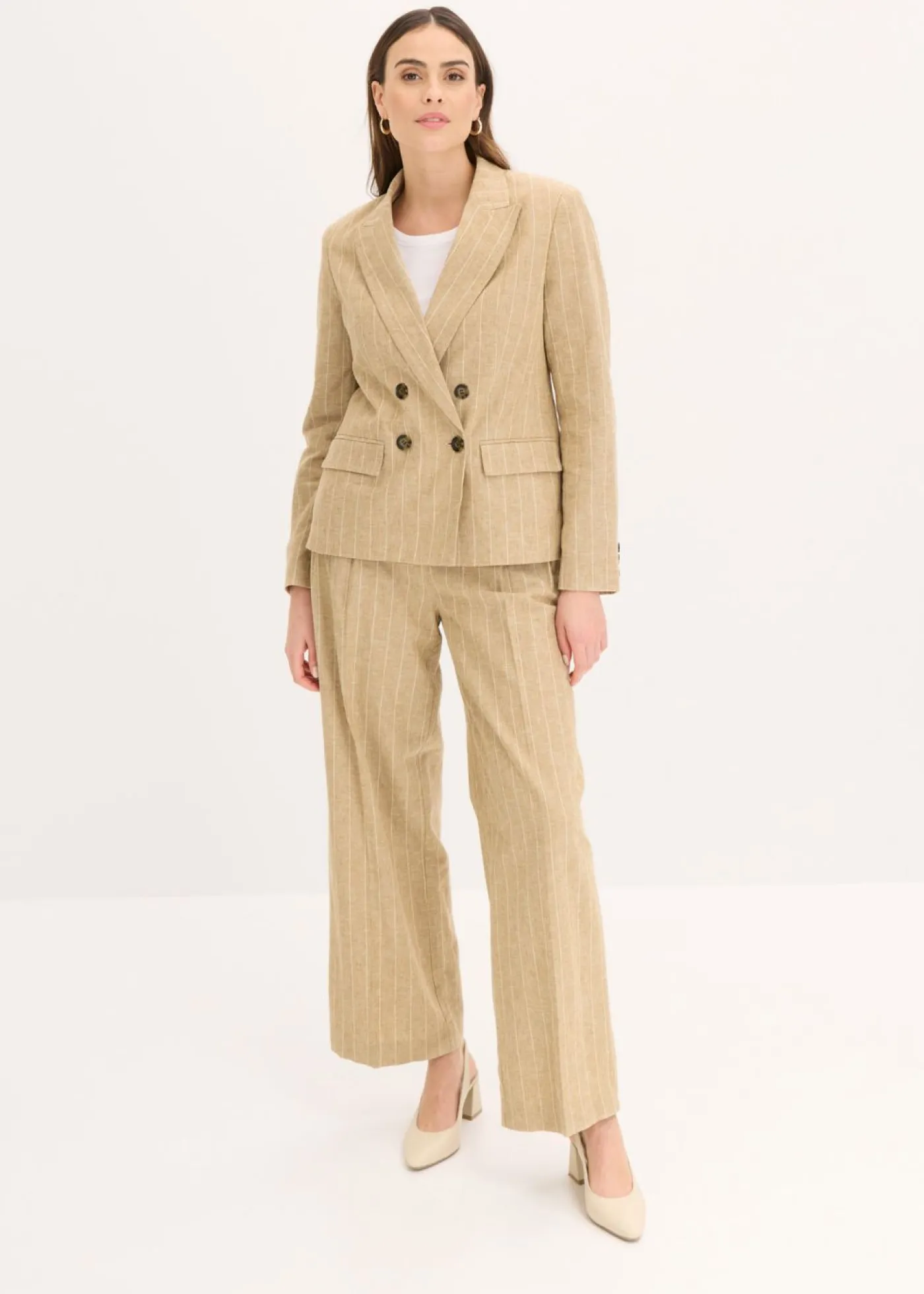 bonprix bonprix Pantalones>Pantalón de pinzas con contenido de lino oliva pálido-crudo con rayas