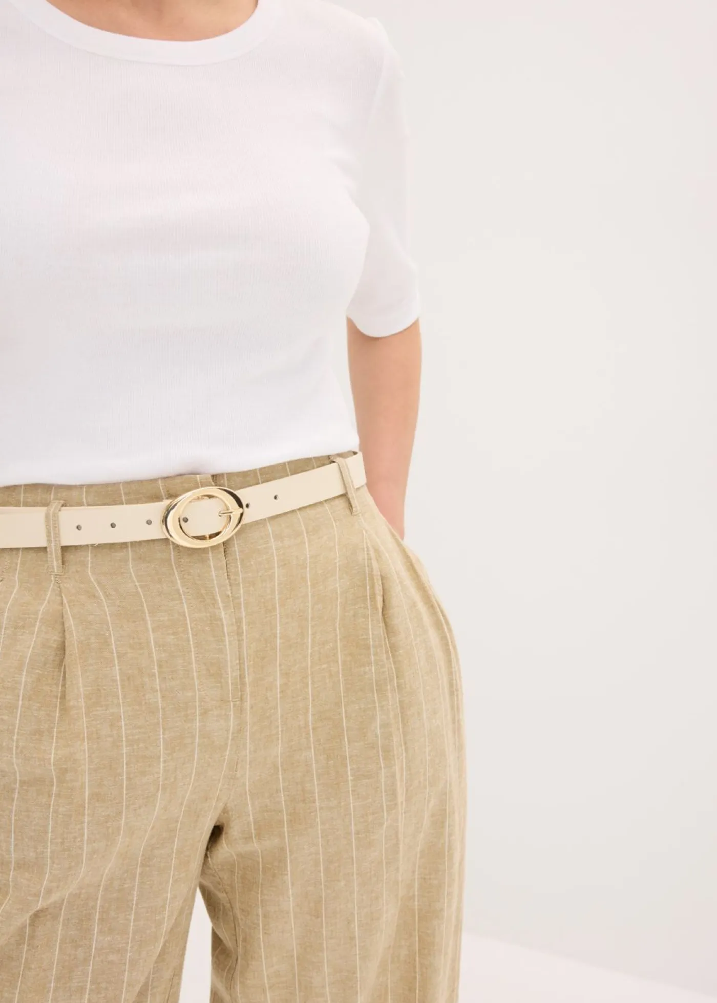 bonprix bonprix Pantalones>Pantalón de pinzas con contenido de lino oliva pálido-crudo con rayas