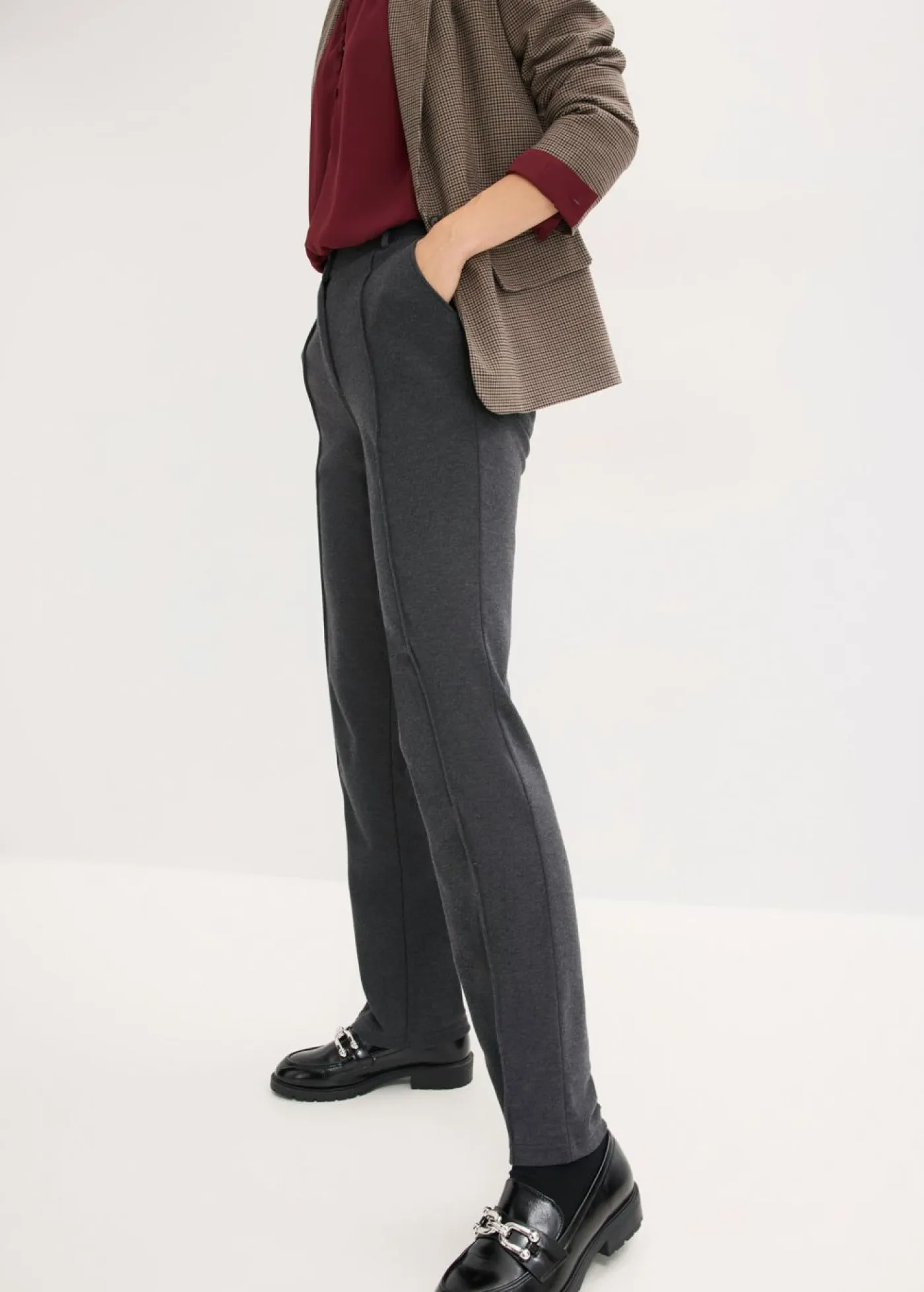 bonprix bonprix Pantalones>Pantalón de punto de algodón con ribete antracita jaspeado moteado