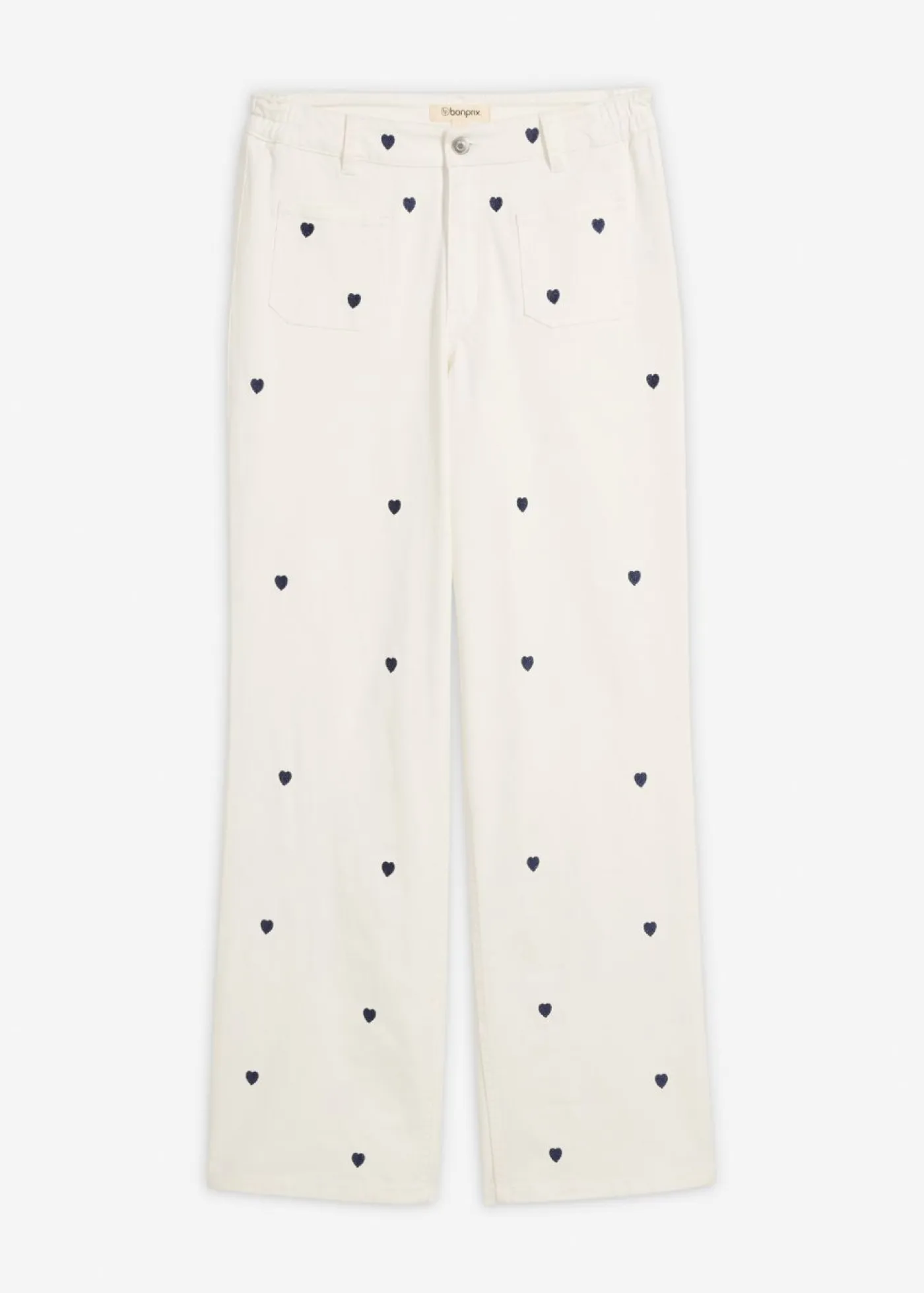 bonprix bonprix Pantalones>Pantalón de sarga con bordado Blanco lana/azul marino