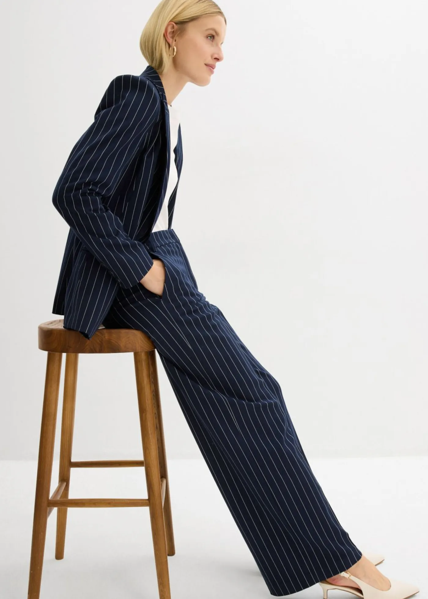 bonprix bonprix Pantalones|Novedades>Pantalón de traje con rayas azul marino/blanco lana con rayas