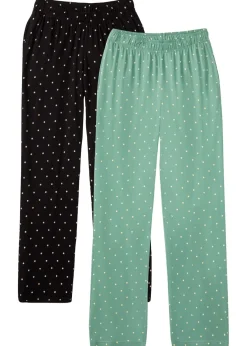 bonprix bonprix Ropa Para Dormir>Pantalón largo de pijama de algodón puro (2 unidades) salvia ahumado+negro topos