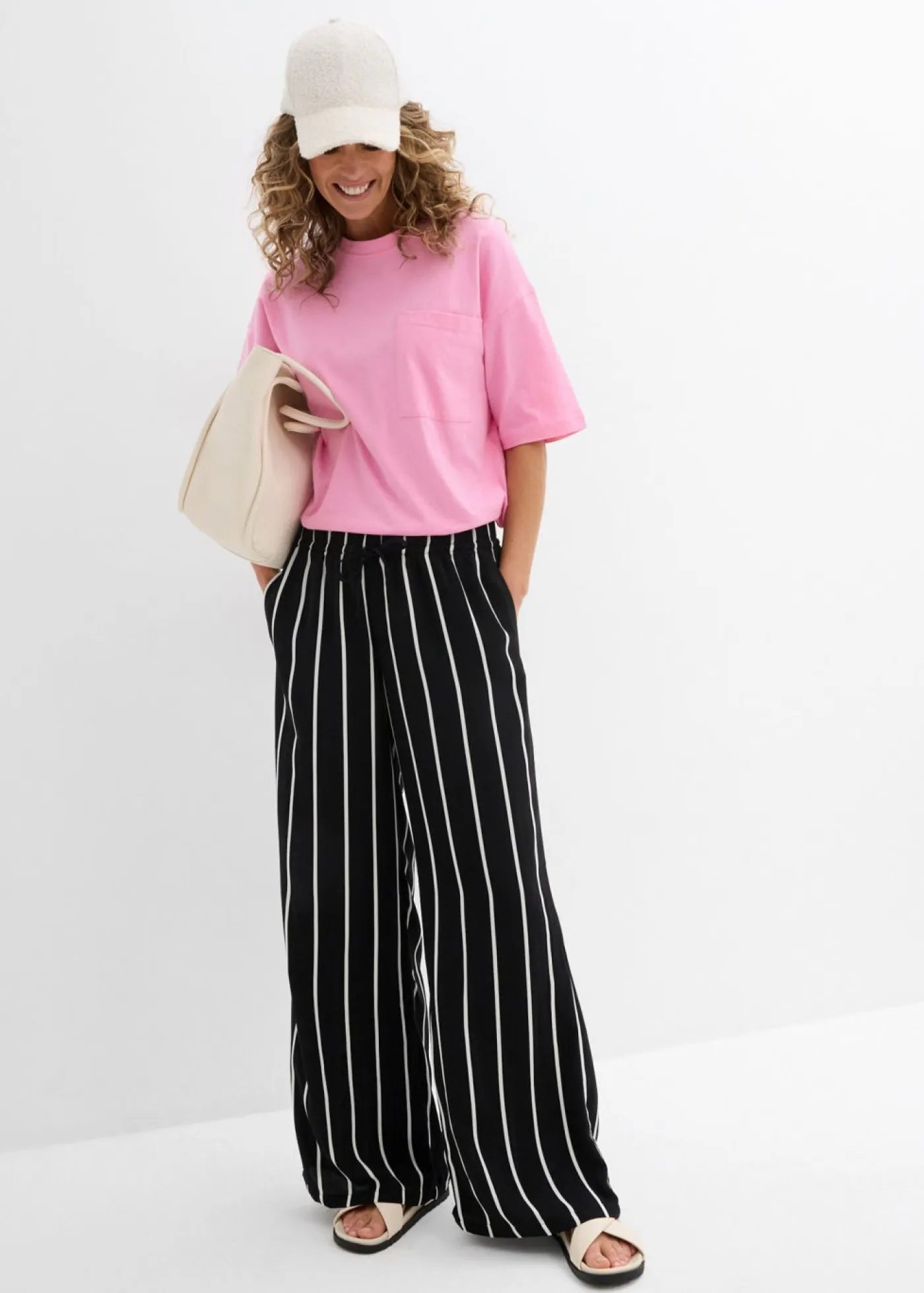 bonprix bonprix Esenciales|Pantalones>Pantalón Marlene con cintura elástica negro-blanco lana con rayas