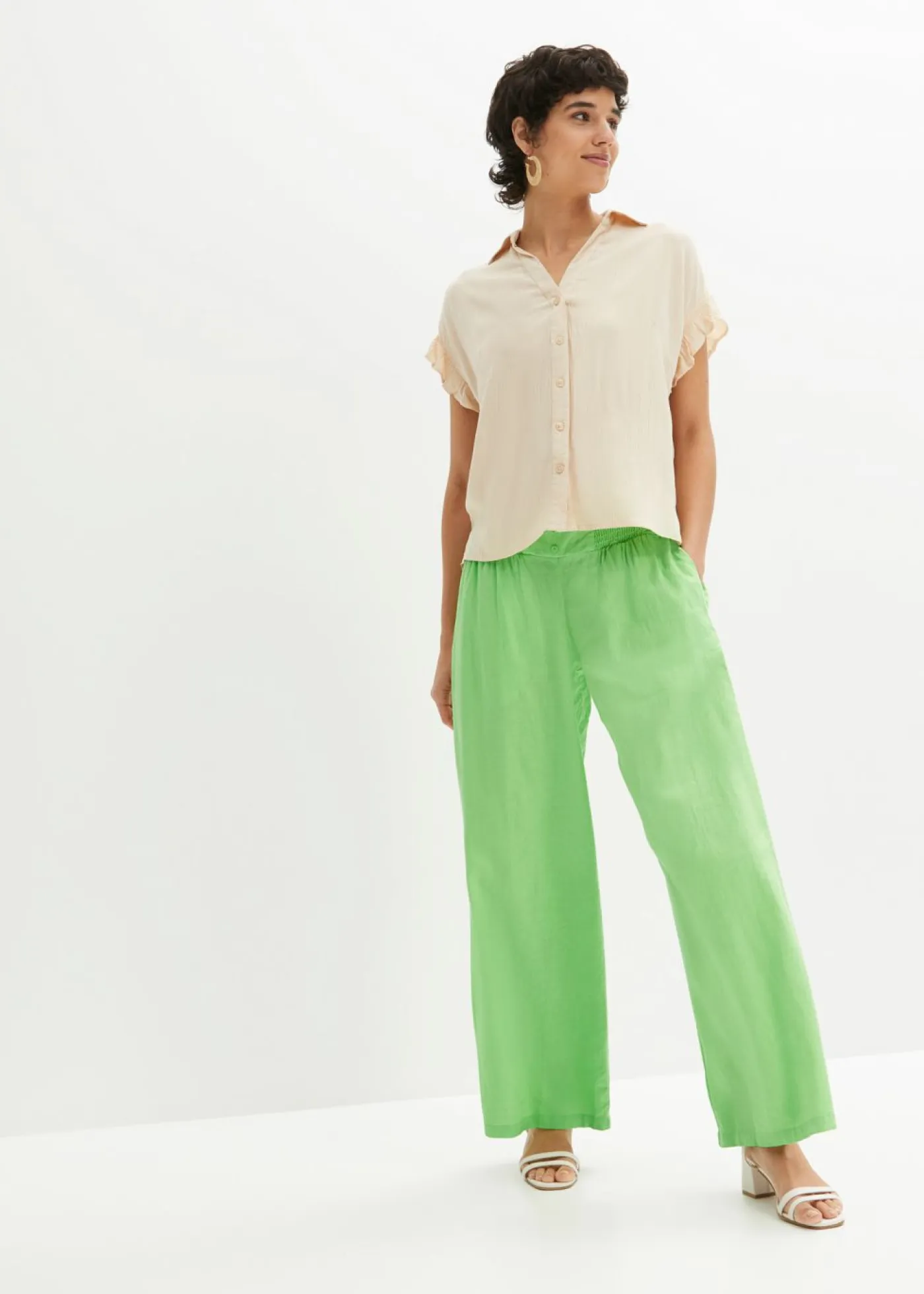 bonprix bonprix Pantalones>Pantalón Marlene de mezcla vaporosa de lino Verde apio