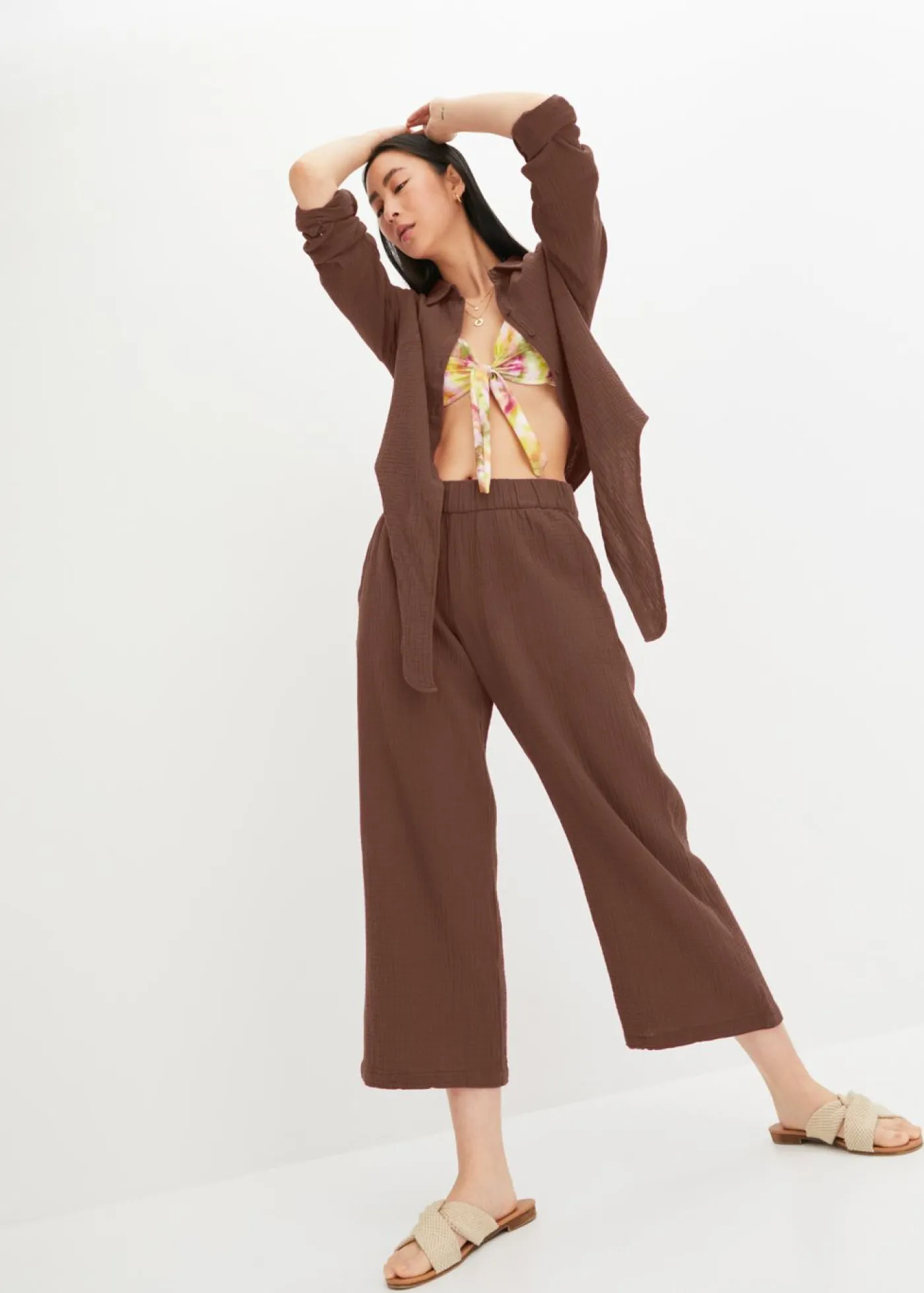 bonprix bonprix Pantalones|Novedades>Pantalón Marlene de muselina de algodón marrón