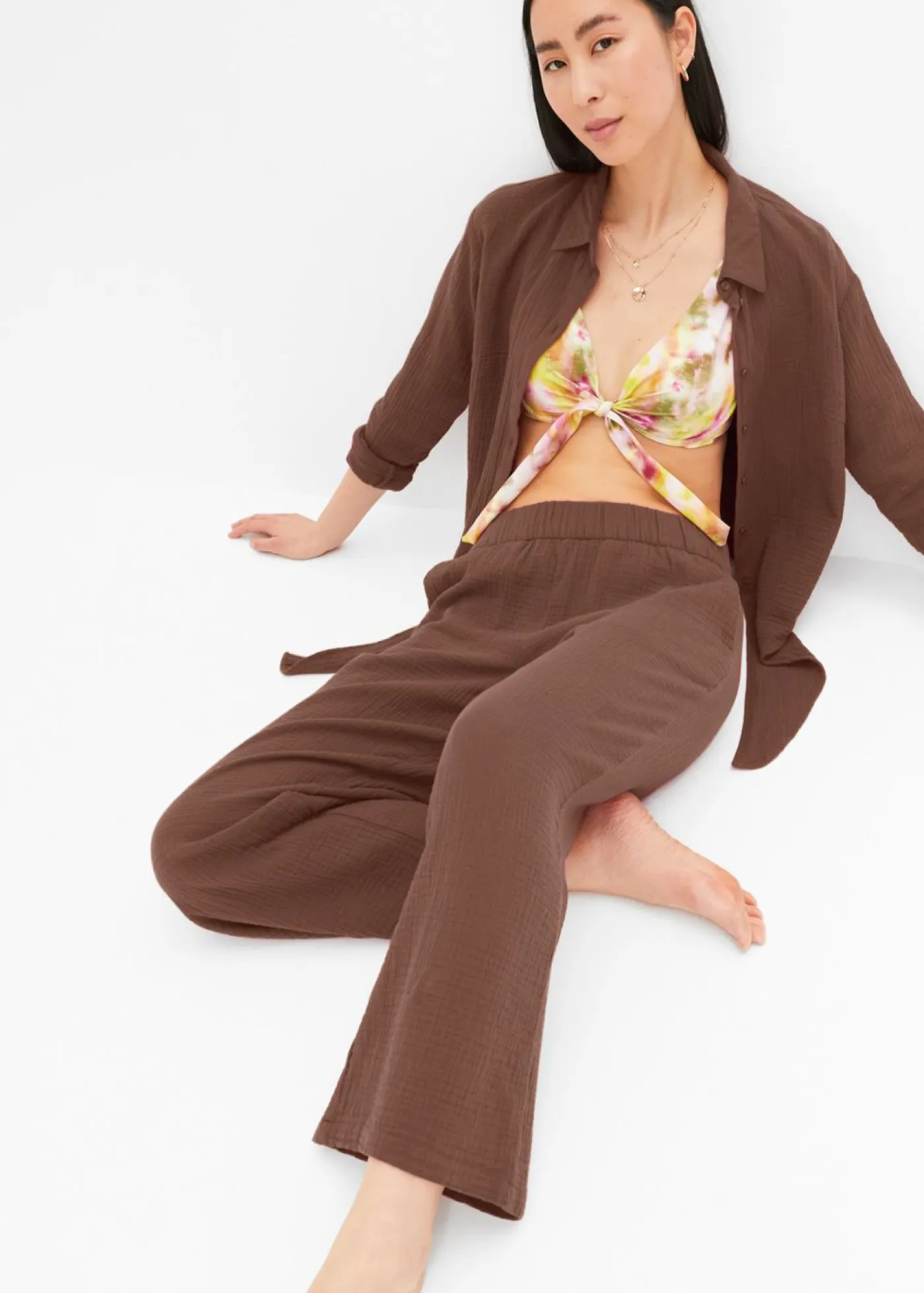 bonprix bonprix Pantalones|Novedades>Pantalón Marlene de muselina de algodón marrón